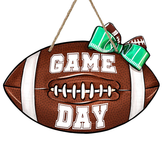 Deroro Football Game Day Sign for Front Door Decor, Rugby Sport Wood Door Hanger for Outdoor Outside Porch, Farmhouse Rustic Wooden Wreath with Bow Indoor Wall Hanging Decoration