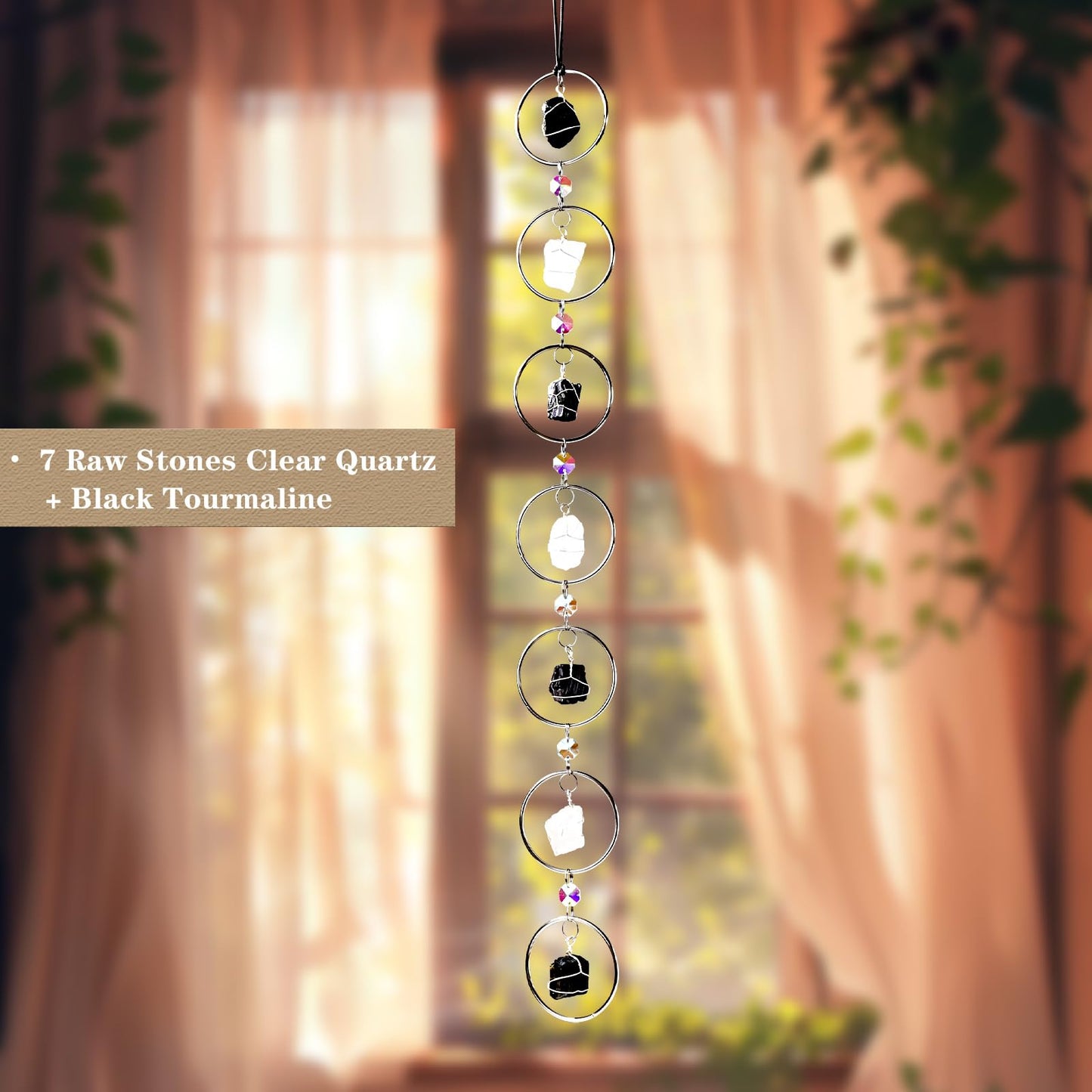 Black Tourmaline Natural Gemstone Wall Hanging - Round Crystal Sun Catcher for Windows, Boho Spiritual Home Decor, Healing Energy Ornament & Unique Gift for Women (Silver)