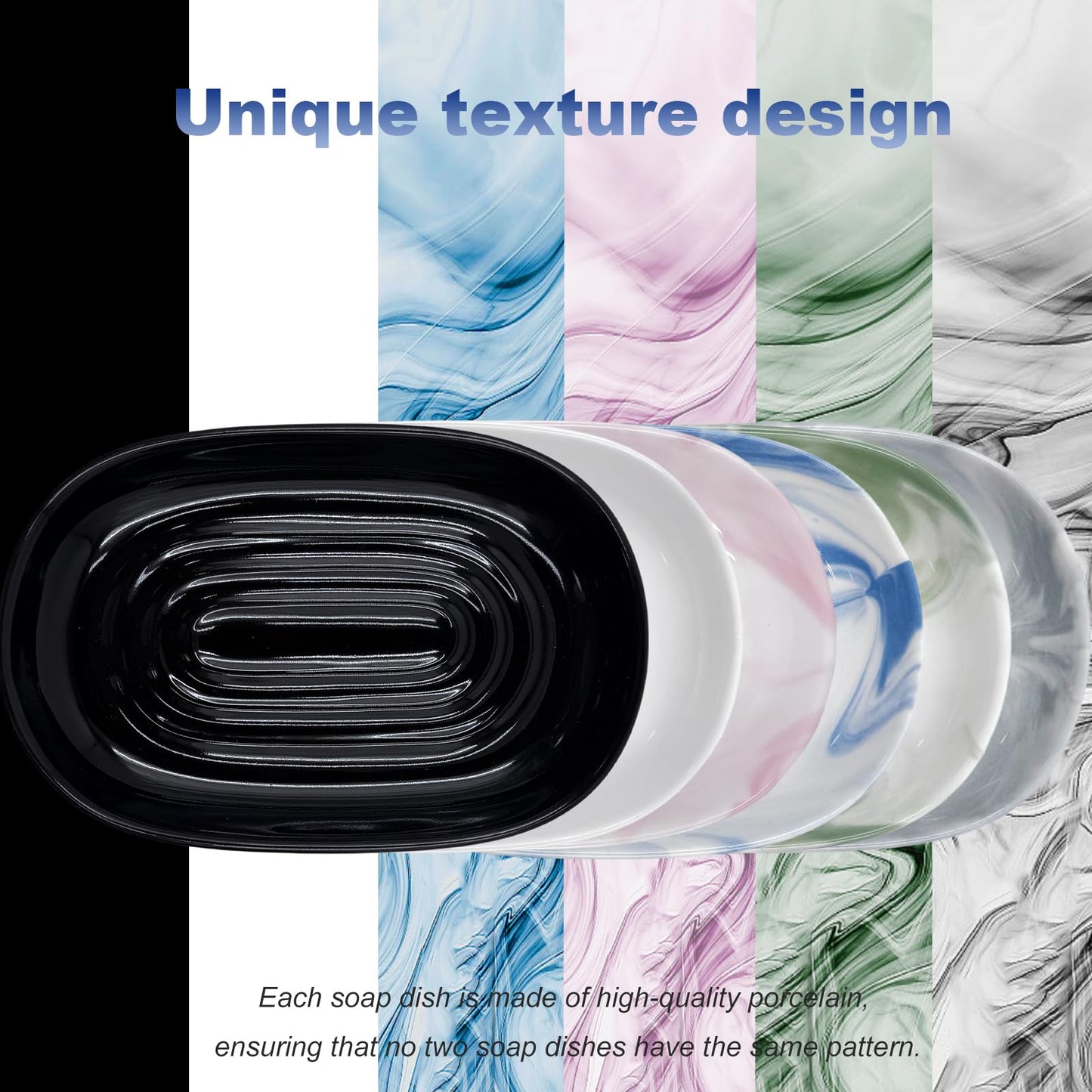 Ceramic Marble Pattern Soap Dish, Textured Raised Soap Saver Tray for Shower Bathroom Kitchen Sink Vanity, Easy to Clean Multi-Use Holder for Bar Soap Jewelry Rings Keys, Black (1 Pack)