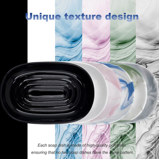 Ceramic Marble Pattern Soap Dish, Textured Raised Soap Saver Tray for Shower Bathroom Kitchen Sink Vanity, Easy to Clean Multi-Use Holder for Bar Soap Jewelry Rings Keys, Black (1 Pack)