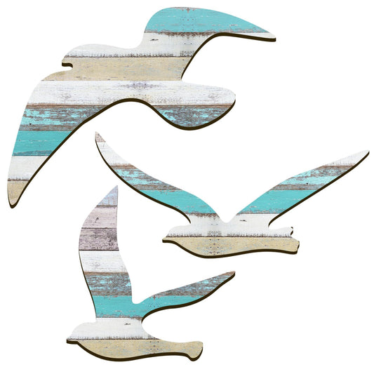 HINGTAI 3Pcs Wood Seagull Beach Wall Art, Nautical Self-adhesive Seagull Decorations, Coastal Themed Decors for Home Bedroom Living Room