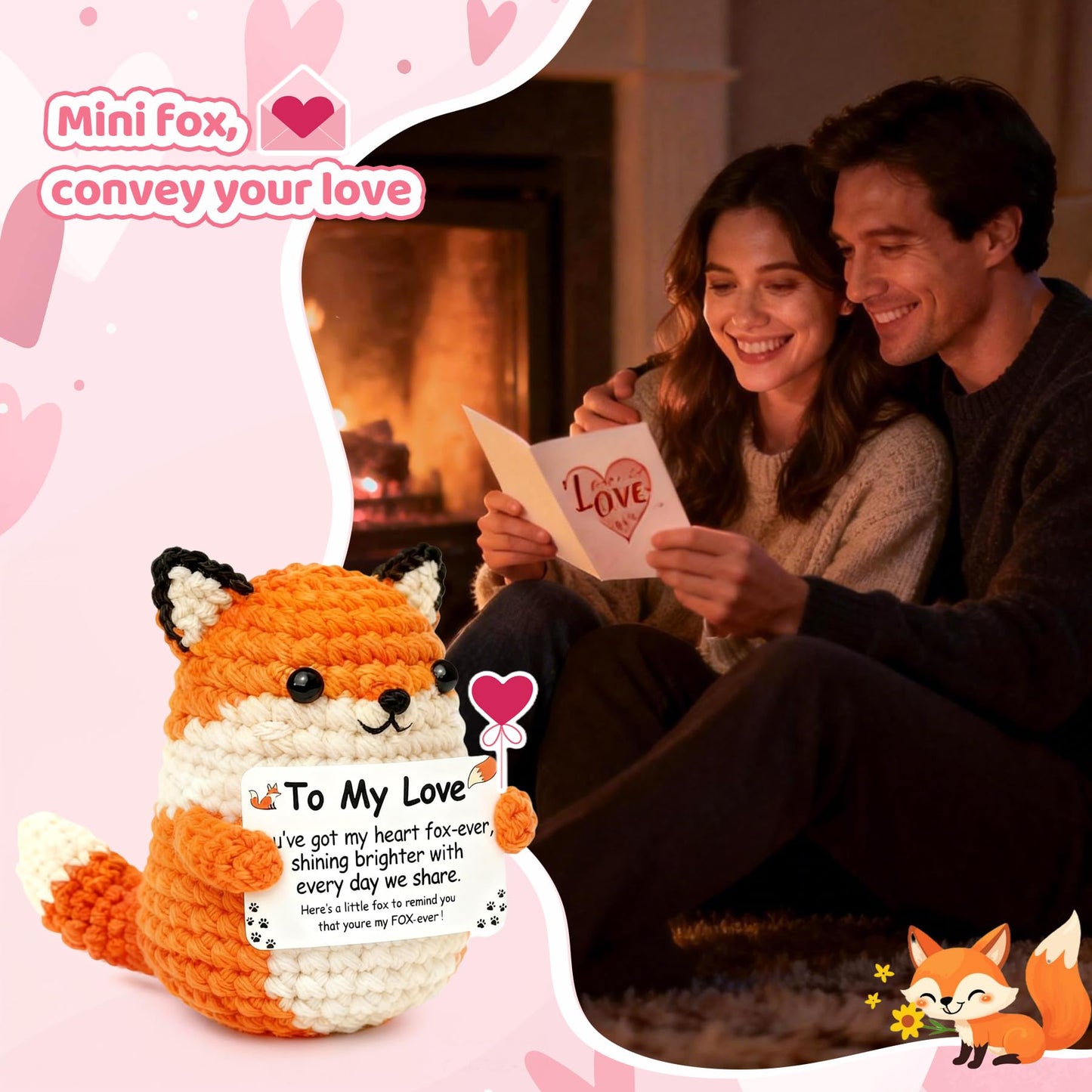 Handmade Crochet Fox - Romantic Emotional Support Gift for Husband, Wife, Boyfriend, Girlfriend - Anniversary, Valentine's Day, Xmas, Birthday Present for Him or Her - Cute Knitted Décor Keepsake