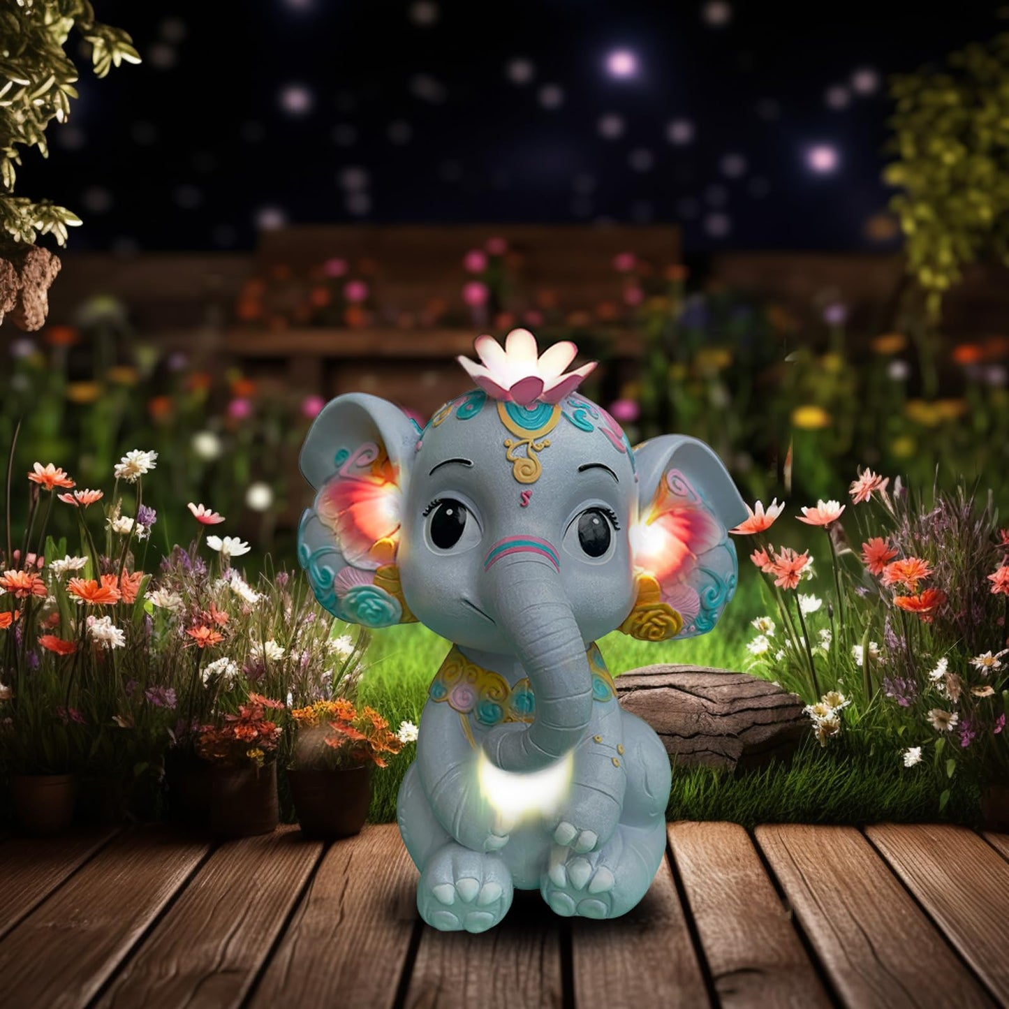 Sgreatiny Solar Garden Elephant Statue with 4 LED Lights, Outdoor Lawn Decor for Patio, Yard, Balcony, Waterproof Resin Ornament, Ideal Gift for Mom, Grandma, Women (Housewarming, Birthday, Christmas)
