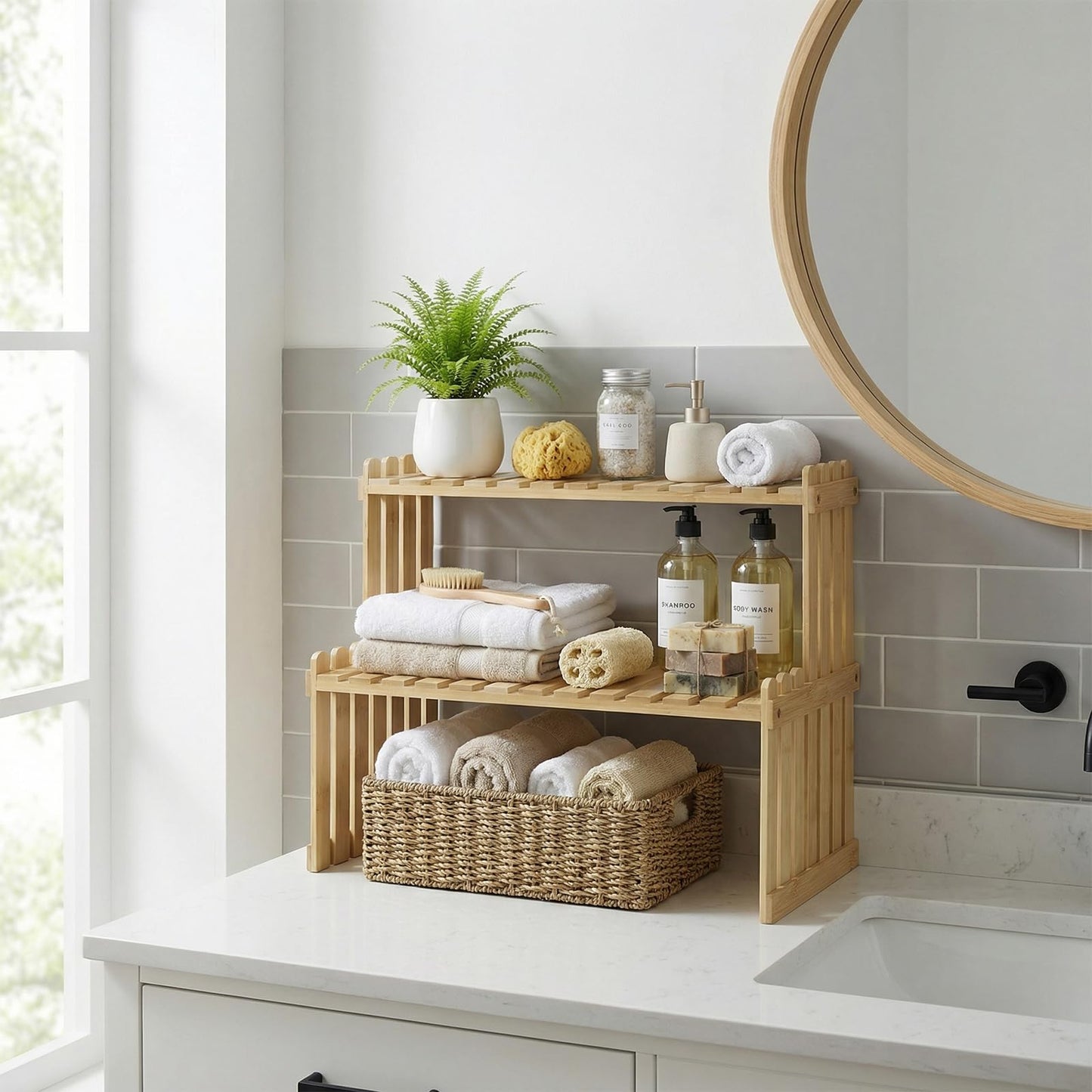 MyGift Natural Bamboo Indoor Plant Stand for Desk, 2 Tier Desktop Shelf Organizer Rack with 2 Slatted Shelves