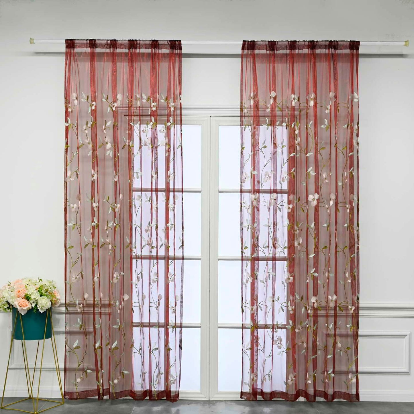 pureaqu Floral Embroidered Sheer Window Curtains for Living Room 84 Inches Length Country Rustic Embroidery Window Voile Tulle for Girls Bedroom/Sliding Glass Door Rod Pocket 1 Panel W52 x L84 Inch