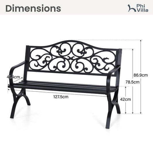 PHI VILLA 50-Inch Cast Iron Steel Frame Garden Bench Outdoor Patio Bench Chair w/Floral Design Backrest, Slatted Seat for Park, Yard & Porch, Black