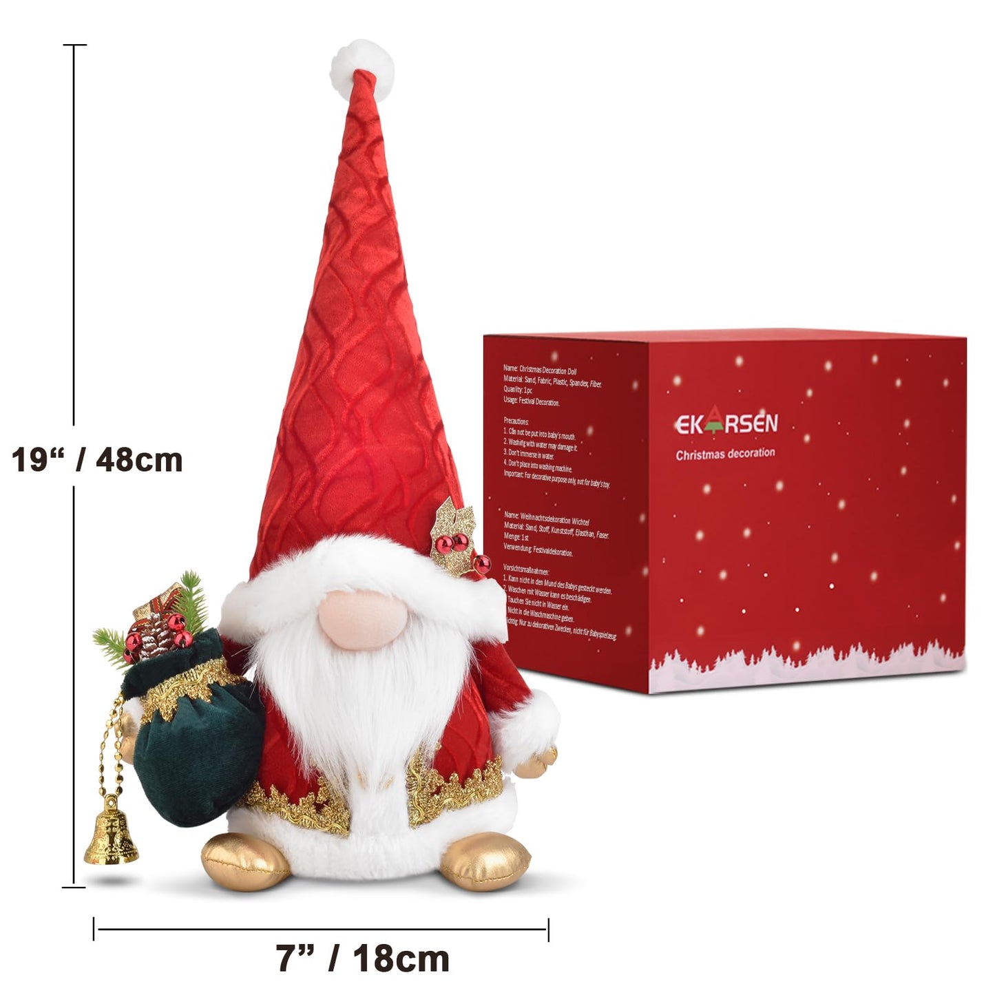 EKARSEN Handcraft Gnome Christmas Decorations - Large-Sized 18 Inch Nordic Gonk Figurine Cute Scandinavian Tomte Dwarf Home Decor and Sweet Gift for Traditional Festivals