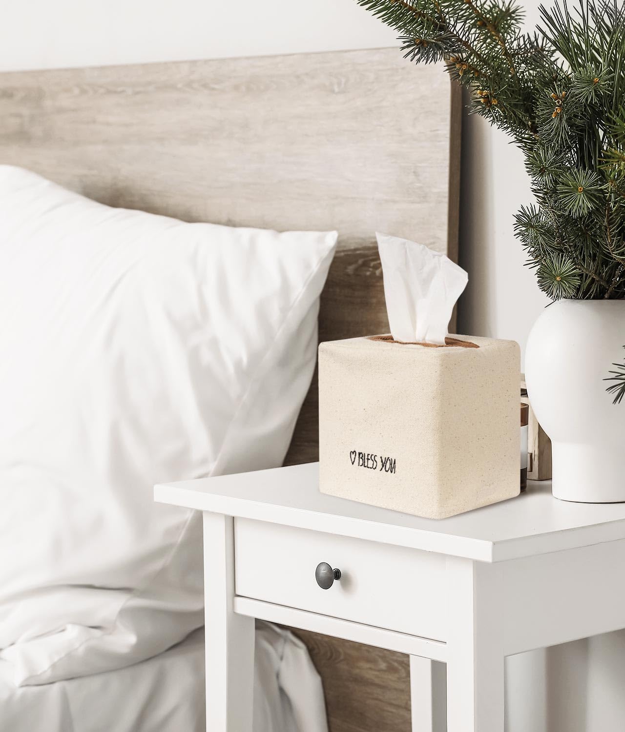 Livelab Tissue Box Cover Square, Chic Canvas Tissue Box Holder with Embroidery Text Decor, Stylish Tissue Case Facial Paper Cube Cover for Your Home, Officce and Bathroom | Ivory