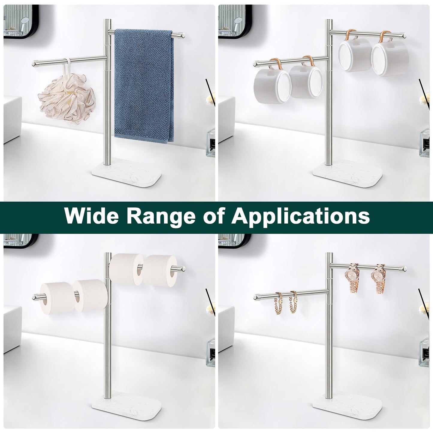 BathAce Hand Towel Holder, F-Shape Hand Towel Stand with Marble Base, Stainless Steel Swivel Hand Towel Rack Standing Towel Bar for Bathroom Kitchen Countertop, 2 Arms (Brushed Nickel)