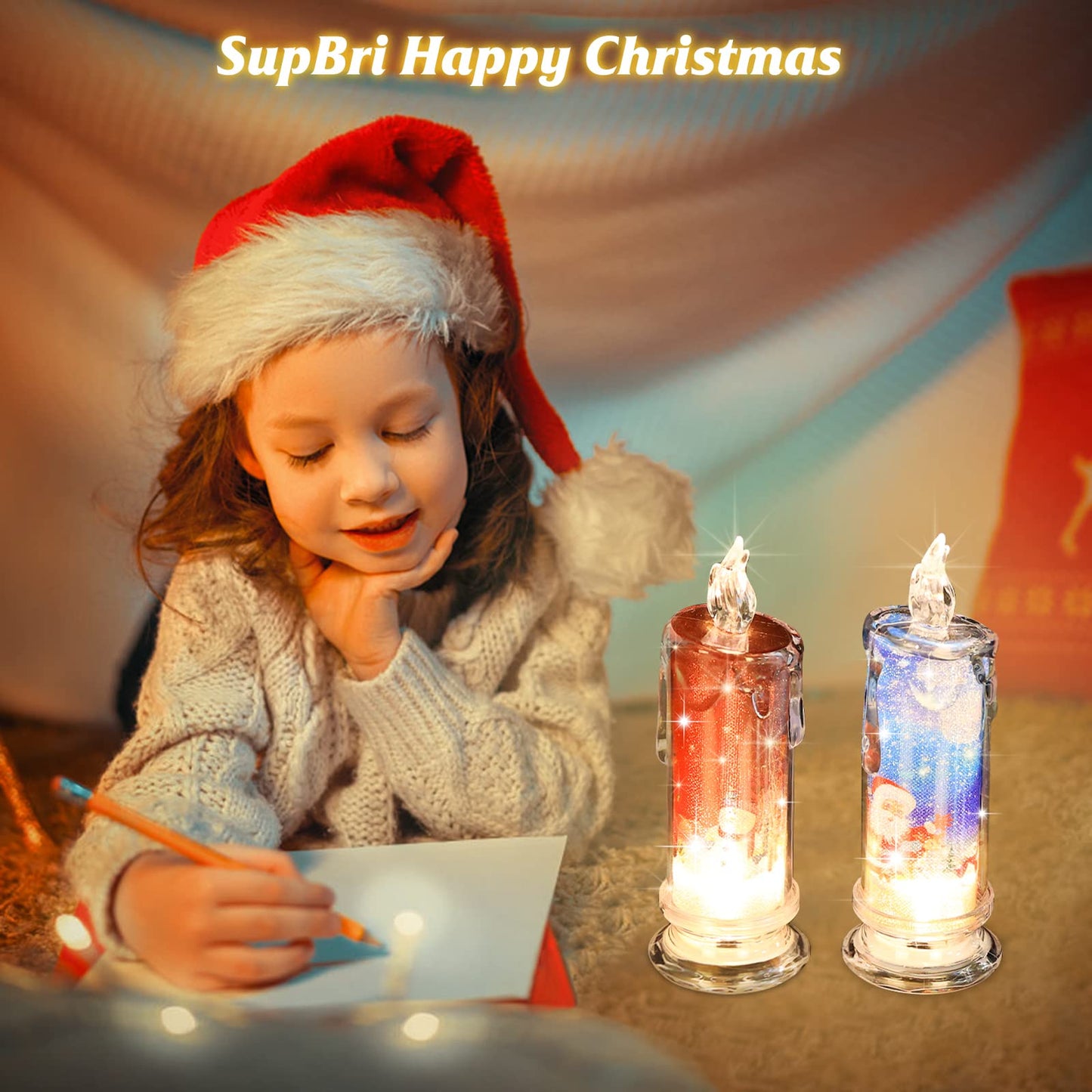 SupBri Flameless LED Candles Set of 4 with Santa Claus, Snowman Decals - Battery Operated Christmas Themed Festival Gift Decorations