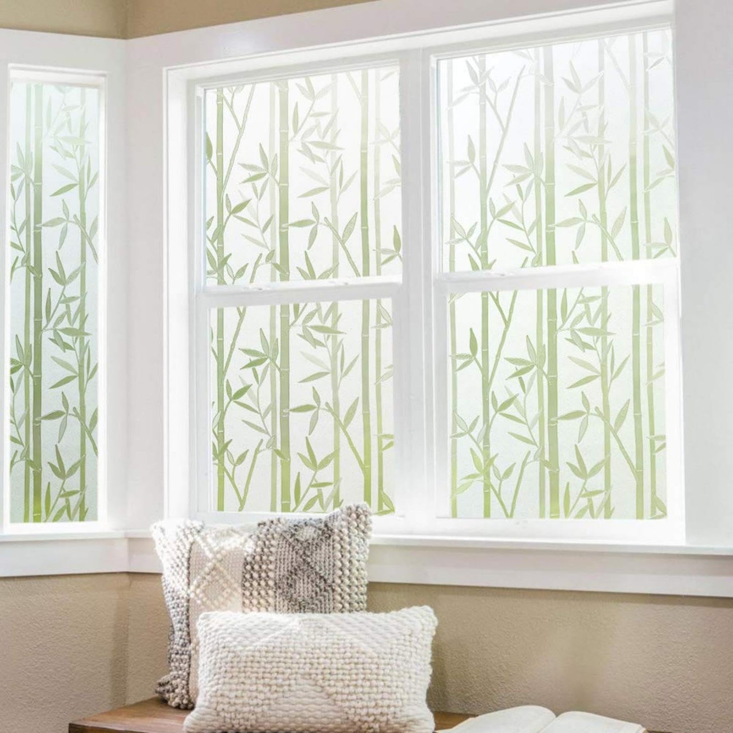 Finnez Frosted Bamboo Window Privacy Film, Static Cling No-Glue Decorative Film for Glass Doors and Windows, Removable and Reusable, Easy to Install, 17.5 x 78.7 inches