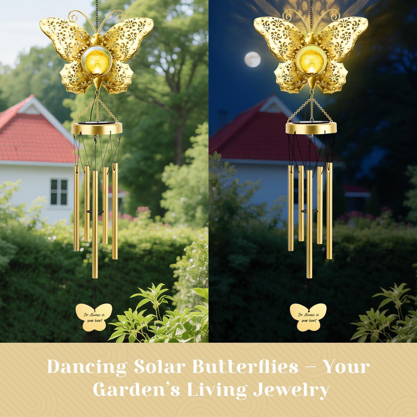 JYPS Butterfly Solar Wind Chimes, 40-Inch Large Waterproof Windchime for Outside with Glowing Crackle Glass Ball, Garden Patio Yard Decor Christmas Day Birthday Unique Gifts for Women Mom Grandma Wife