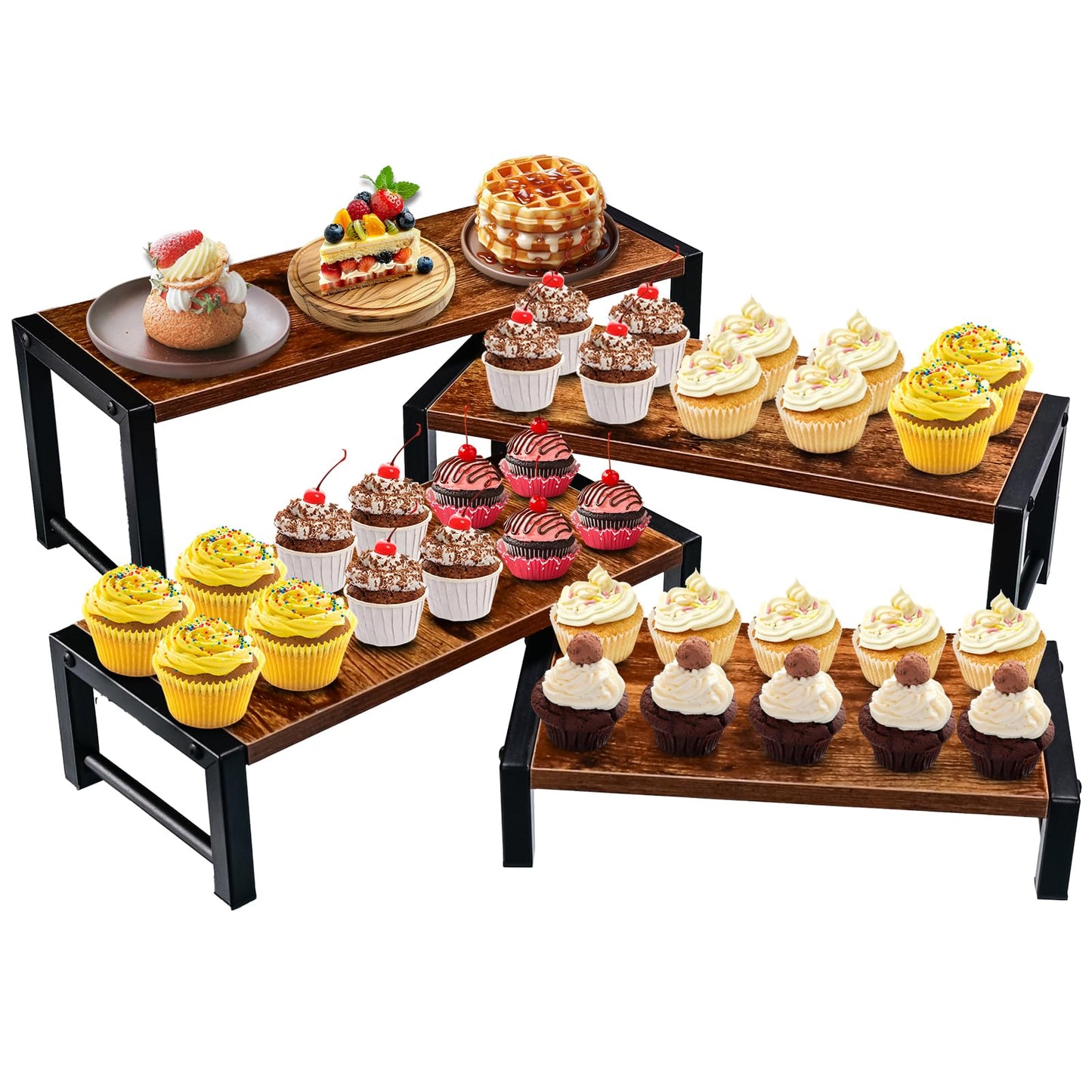 NANXITU 4 Pcs Wood Risers Display Stand, 4 Tier Cupcake Holder with Metal Frame Wooden Risers for Table Display, Perfume Collectibles Organizer Shelf, Tiered Riser for Vendors, Buffet Risers for Food Desserts Party Decor