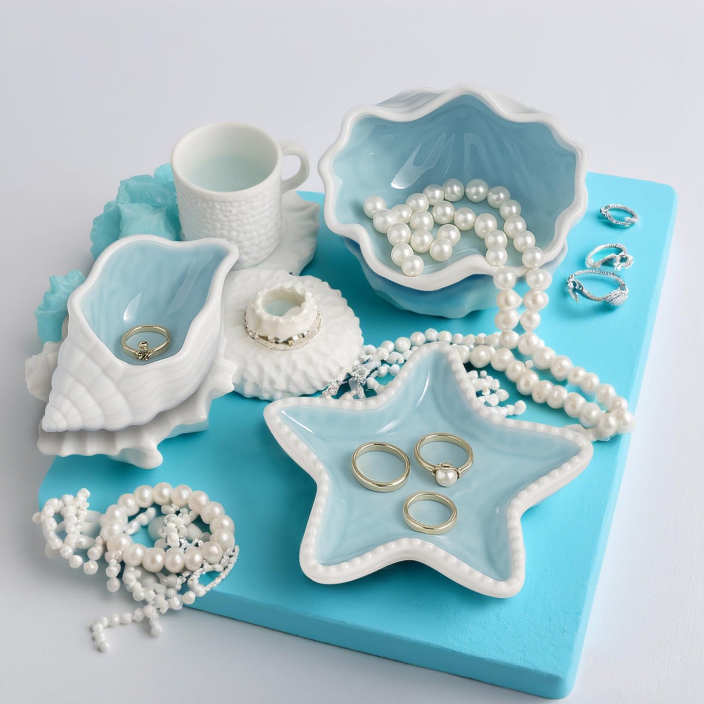 GeryVtee 3 Pcs Starfish Shape Ceramic Jewelry Tray Aqua Shell Trinket Dish Conch Shape Ceramic Jewelry Tray Ring Earring Holder Ocean Themed Trinket Plate Decorative Earring Rings Bracelet