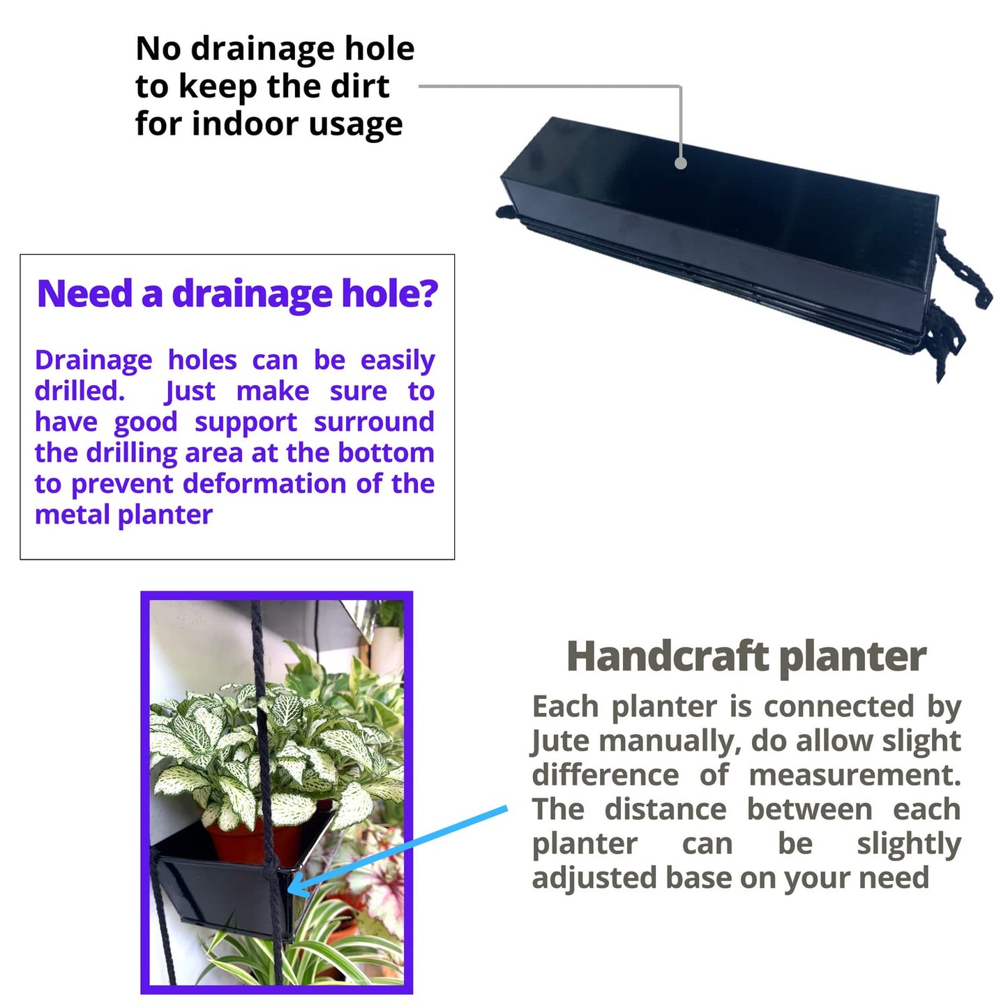 LaLaGreen 16 Inch Wall Mounted Tiered Planter for Indoor Succulent Plants, 3 Tier Modern Black Rectangular Metal Planter