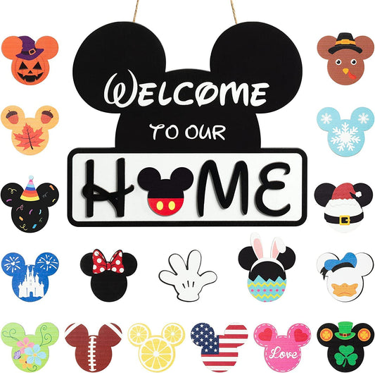 SUPYFD 19Pcs Cute Mouse Interchangeable Seasonal Welcome Door Sign for Front Door Decor, Welcome to Our Home Sign with Interchangeable Holiday Pieces for Farmhouse/Wall/Porch Decor and Housewarming