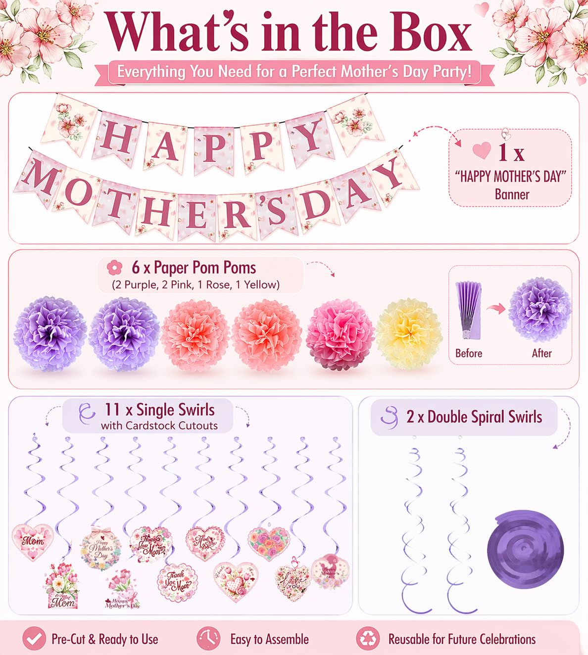Mother's Day Decorations Set - Happy Mother's Day Banner, 6PCS Paper Pom Poms, 13Pcs Hanging Swirls with Best Mom Cardstock Cutouts - Floral Pink Party Supplies for Home, Mantle, Wall Decor