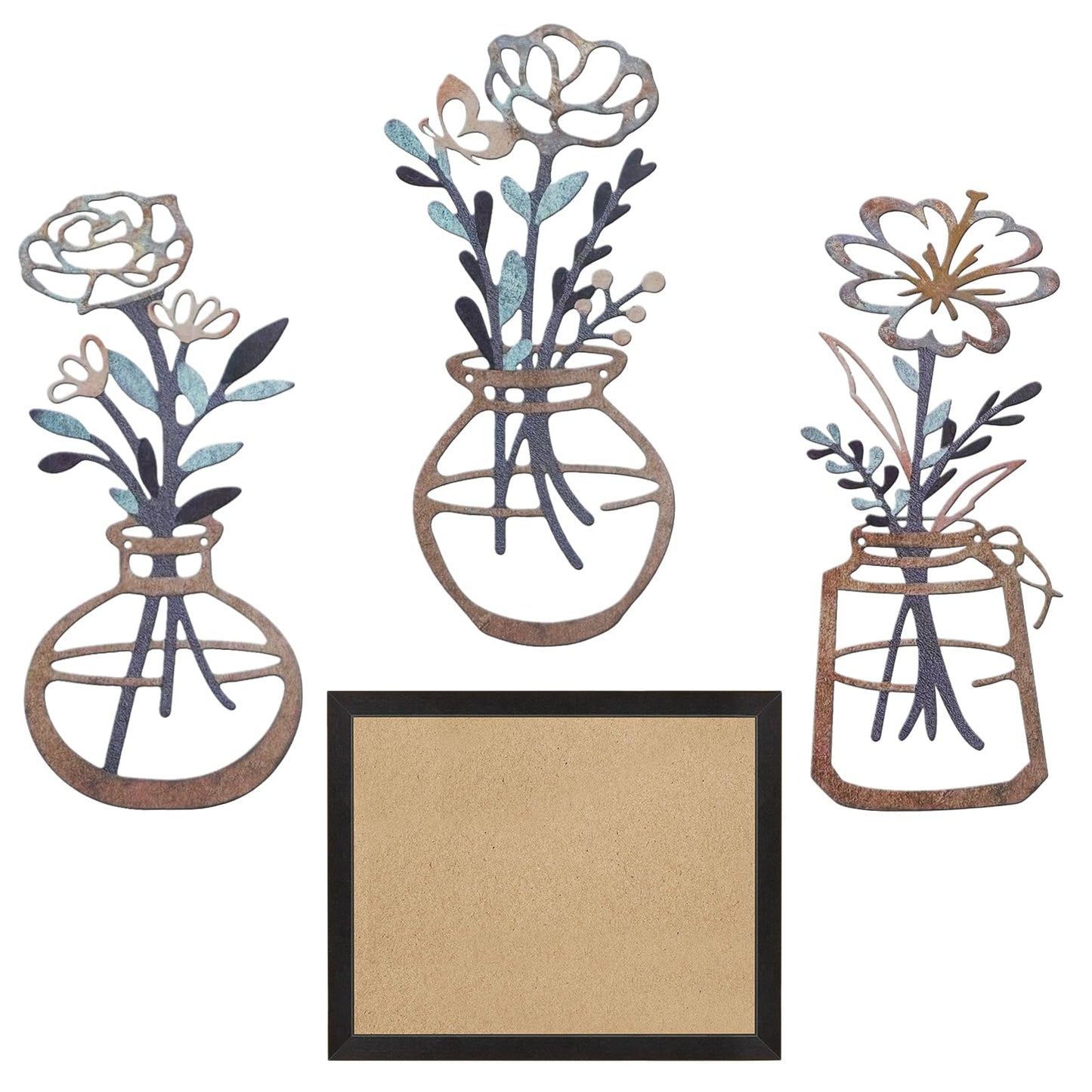 Lcaughsy Metal-Wall-Decor Living Room - 3 Pcs Metal Bathroom Wall Art Floral Vase and Picture Frame for Decoration- Hanging Display Wall Decor Art for Home Dining Room Bedroom Kitchen Farmhouse,Brown