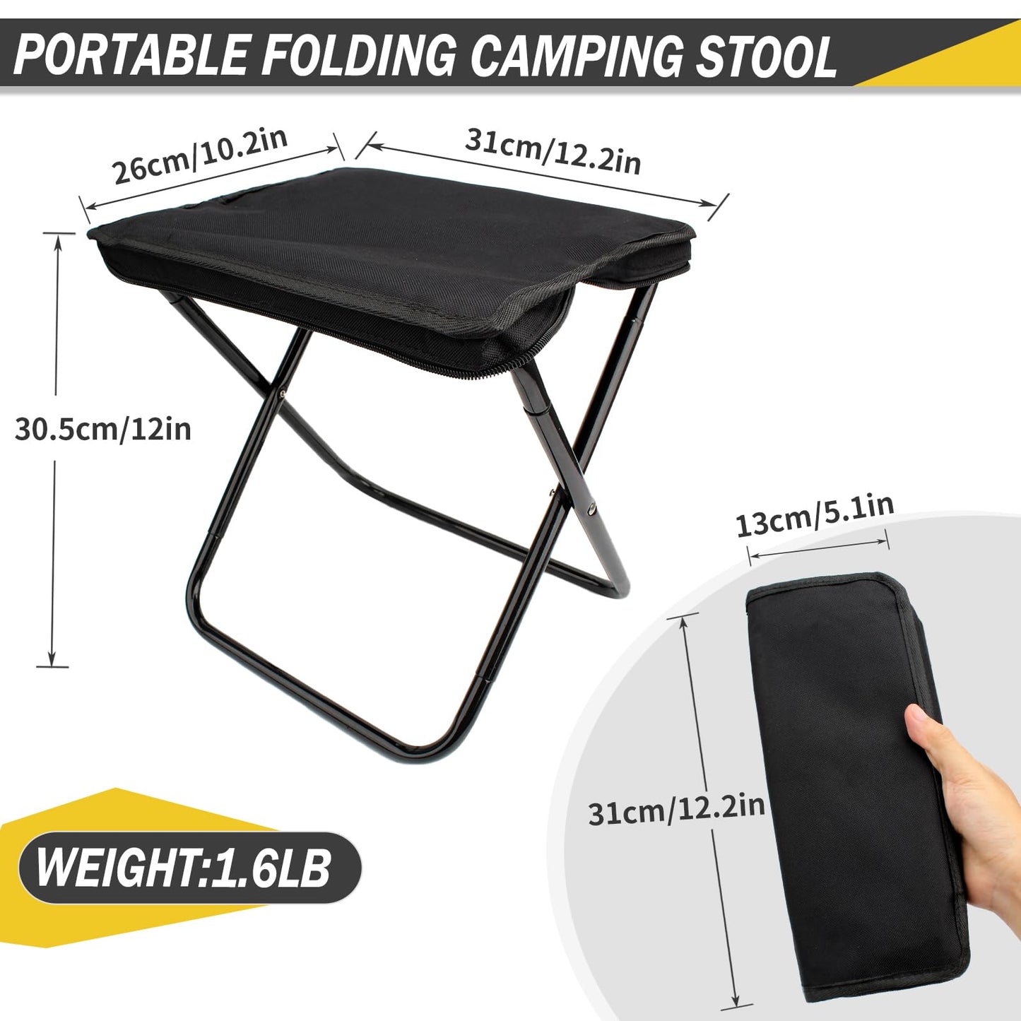 SUNPRO Camping Stool, Portable Folding Stool with Carry Bag, 12in Portable Folding Chair 1.6Lbs Collapsible Camp Stool Outdoor Footstool for Travel Walking Hiking Fishing Picnic Barbecue (Black)