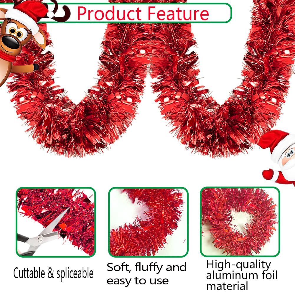Psoeksdo 33Ft Christmas Tinsel Garland Xmas Tree Decorations Shiny Thick Red Metallic Twist Garland Ceiling Hanging Decor for Xmas New Year Birthday Party Indoor Outdoor Supplies-Red