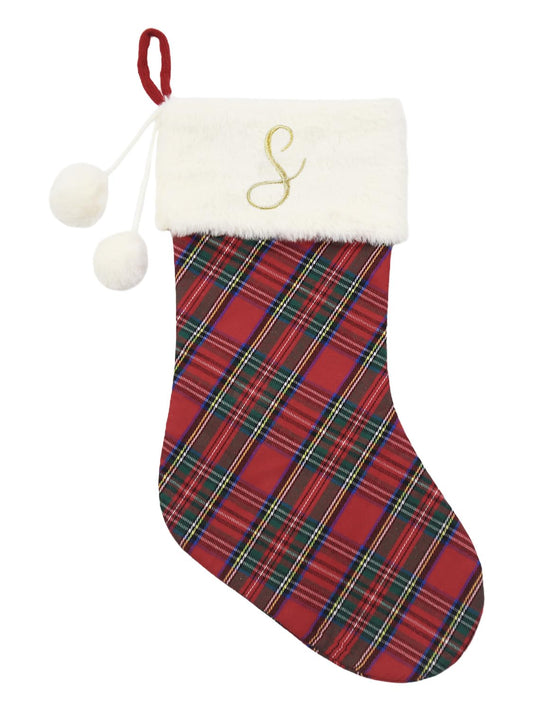 Just Jolly 20" Classic Plaid Christmas Stockings Initial Monogram Embroidered Stockings with Pom Pom Ball for Christmas Fireplace Decor and Xmas Gift (S)