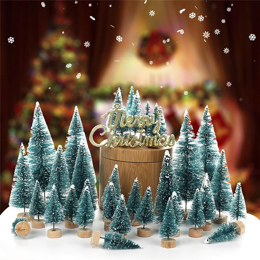 Artificial Mini Sisal Christmas Trees Snow Frost with Wooden Bases for Home Party Decoration Ornament DIY Craft (Blue-Green, 20 pcs)