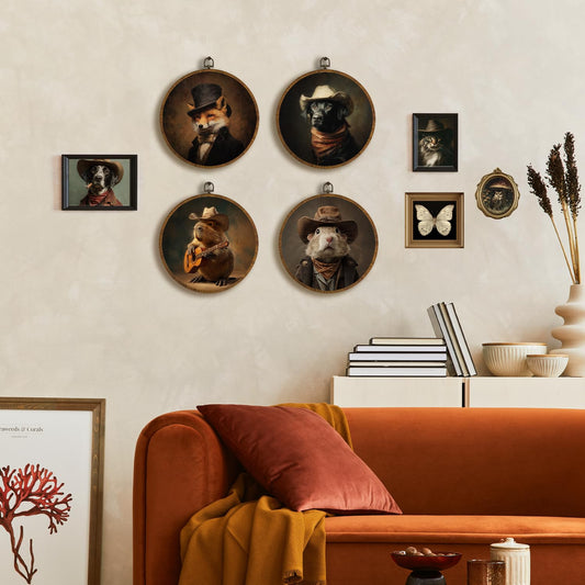Vintage Round Wall Art Decor 10x10Inch, Fox Wall Art Framed Canvas Print Decor, Victorian Portrait Animal Art Decor for Home Farmhouse Bedroom Living Room (Fox)