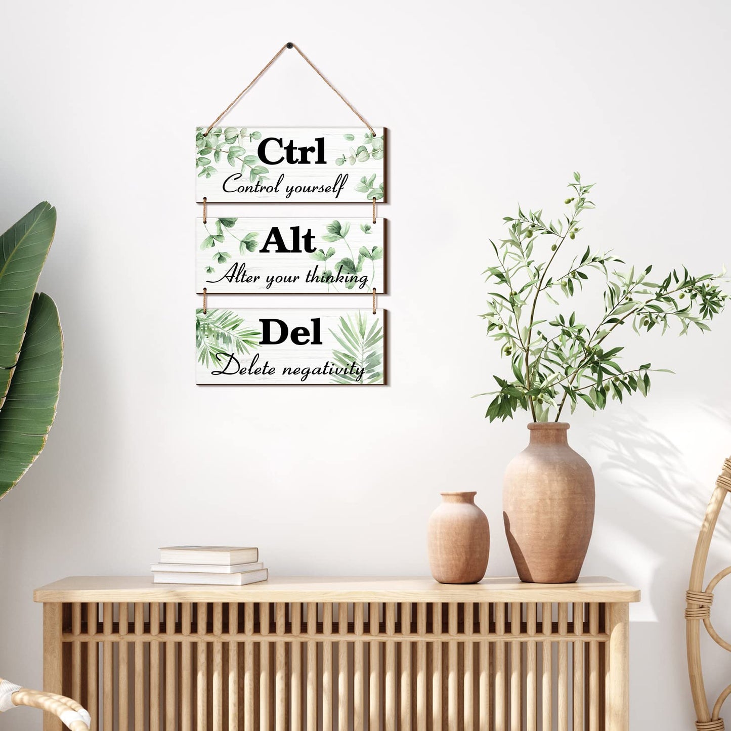 Qunclay 3 Pcs Office Wall Decor Green Leaves Wood Rustic Hanging Cubicle Decor Summer Inspirational Ctrl Alt Del Sign Decoration for Bathroom Indoor Home Living Room