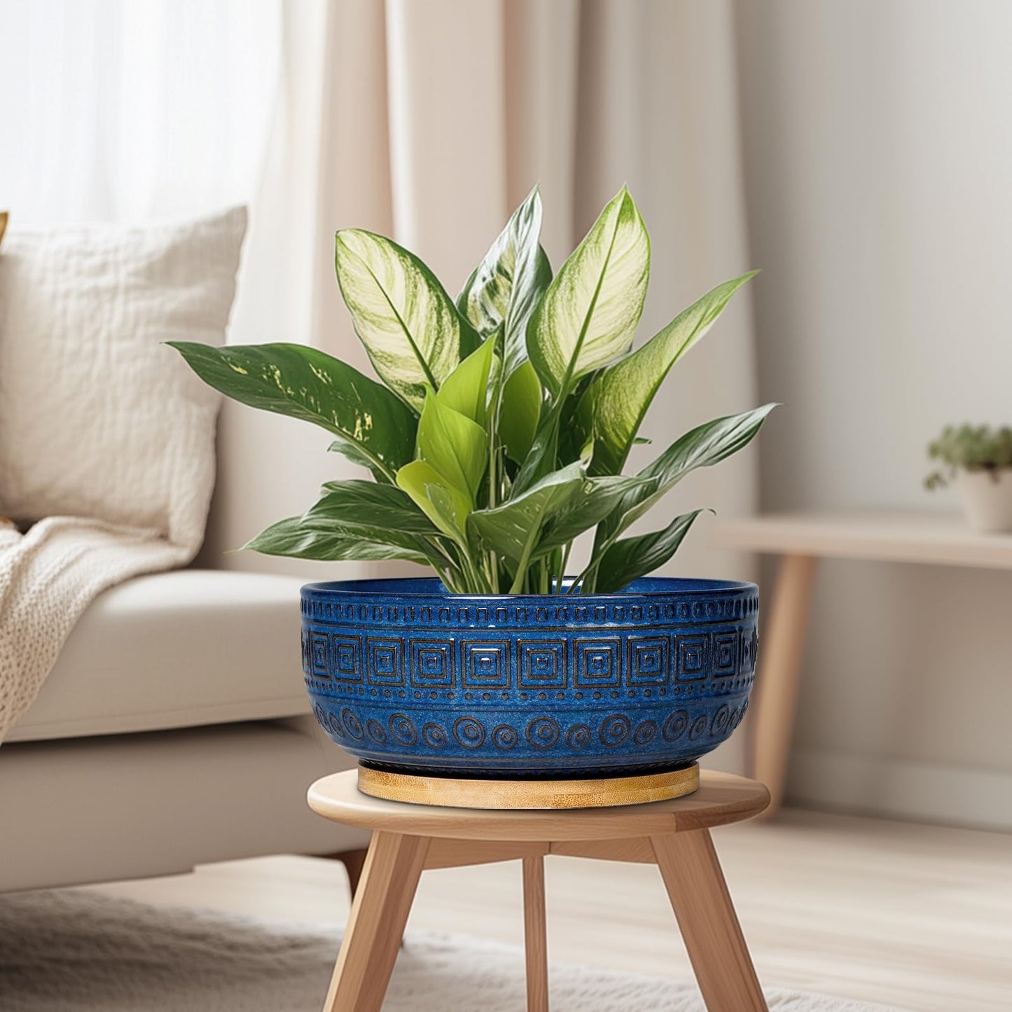 G EPGardening Bonsai Pots 8 Inch - Ceramic Succulent Pots, Round Planter for Indoor Plants, Modern Outdoor Planter with Drainage and Plant Saucer, Boho Home Decor, House Warming Gifts New Home, Blue