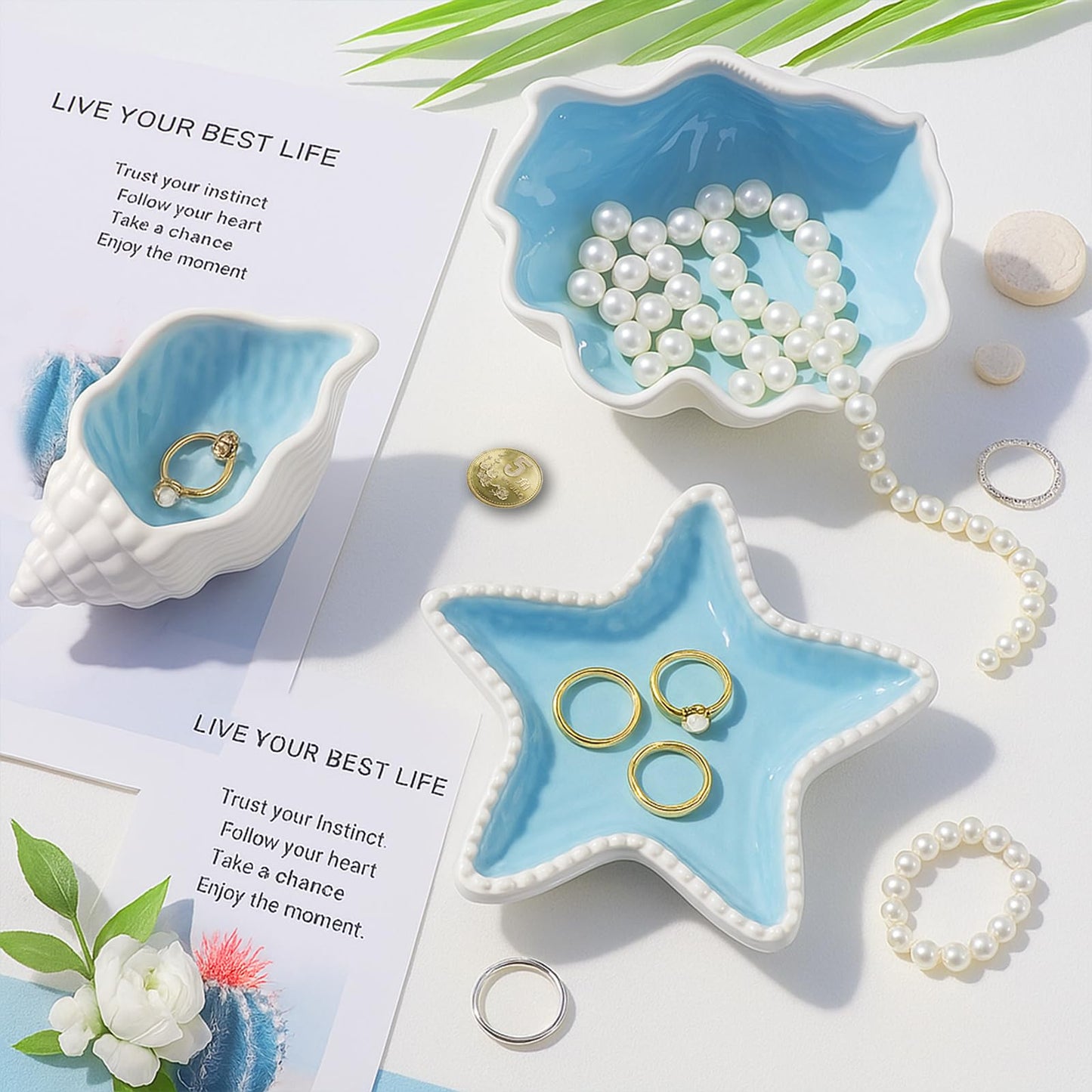 GeryVtee 3 Pcs Starfish Shape Ceramic Jewelry Tray Aqua Shell Trinket Dish Conch Shape Ceramic Jewelry Tray Ring Earring Holder Ocean Themed Trinket Plate Decorative Earring Rings Bracelet