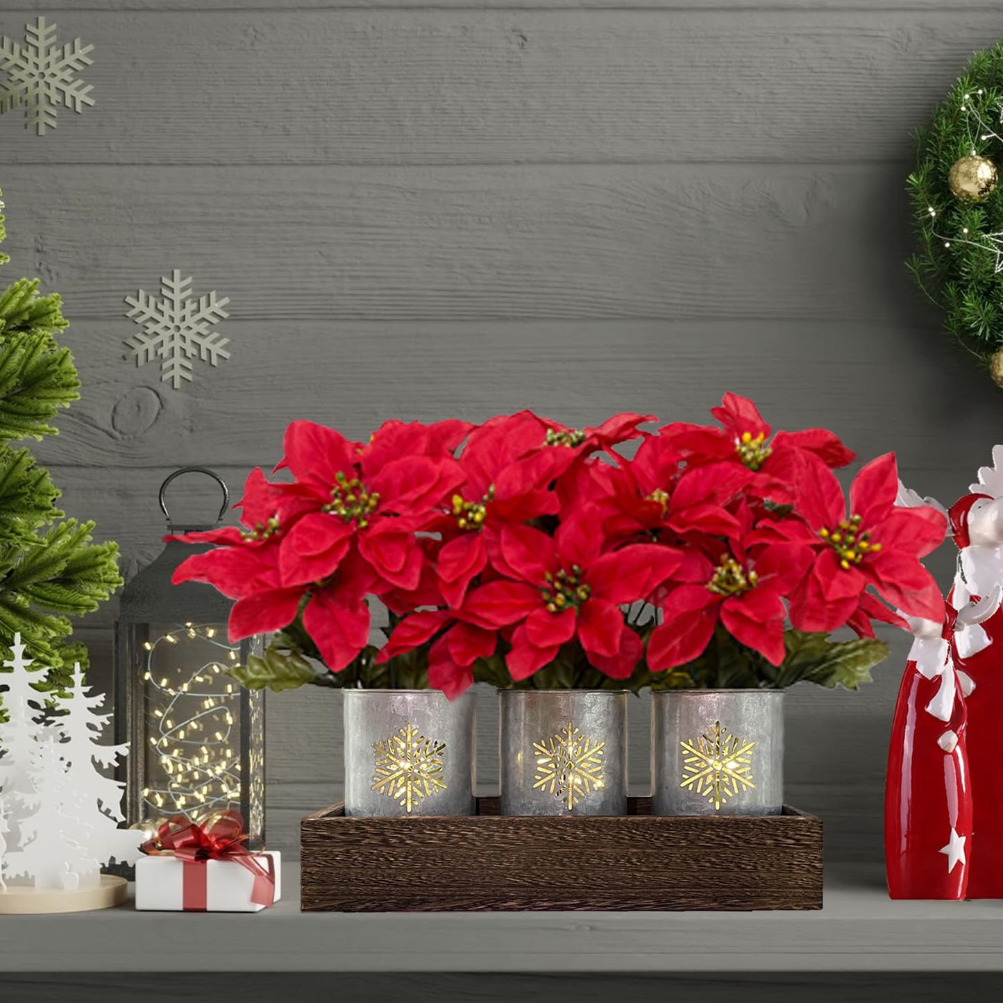 HEMYLU Poinsettias Artificial Christmas Flowers with LED Lights, Red Xmas Table Centerpiece in Pots and Wood Box for Decoration