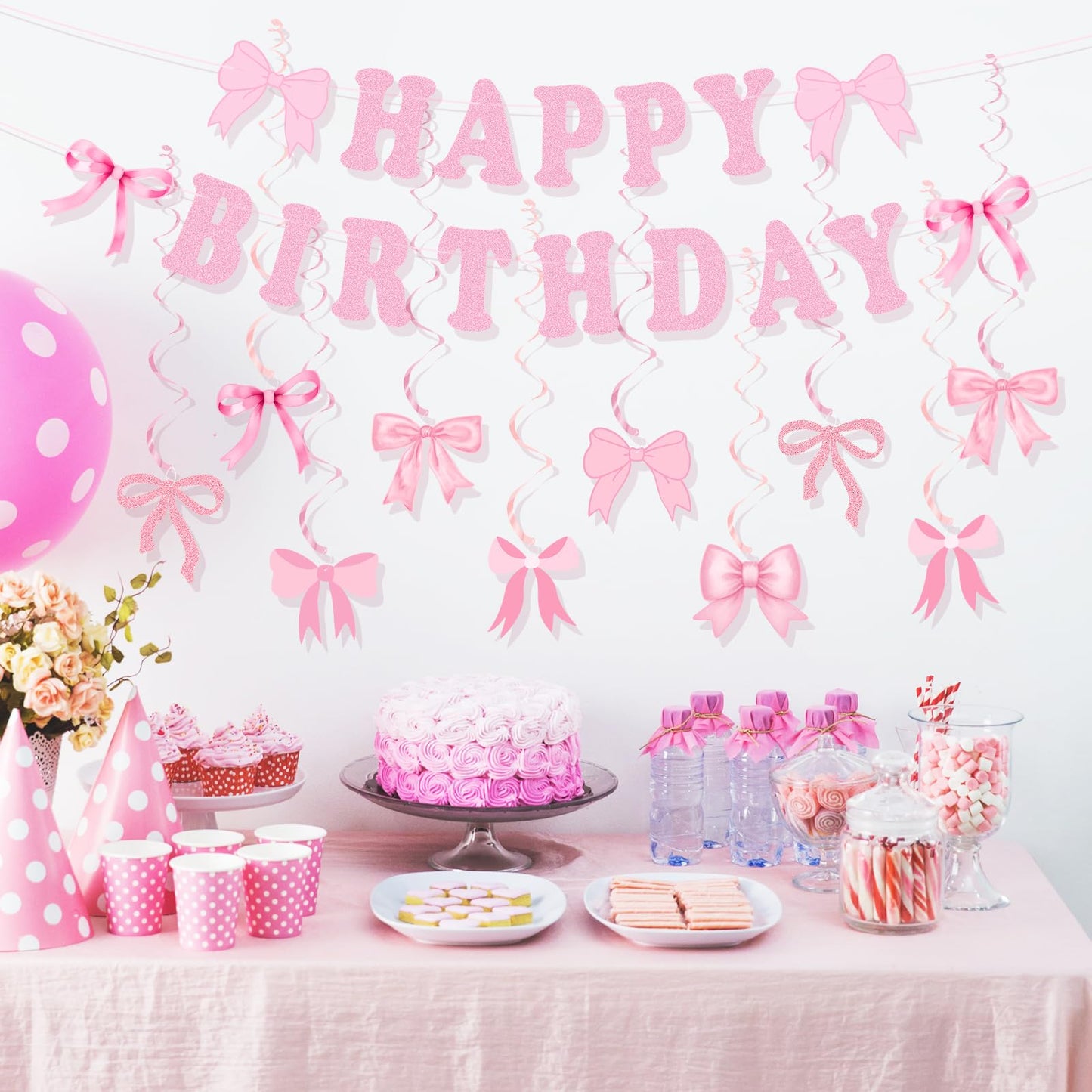 Bow Birthday Party Decorations, Cute Pink Bow Birthday Banner Bows Party Hanging Swirls Set for Women Girls Bows Party Decorations, Baby Shower Party Decor Supplies