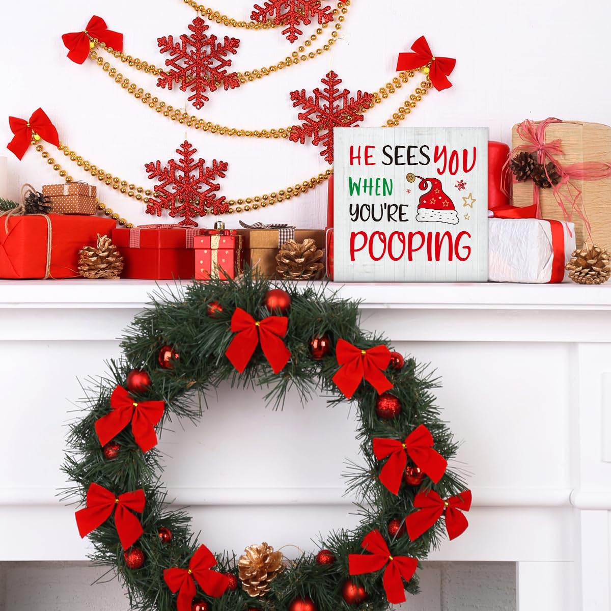 Christmas Bathroom Decorations - Funny Christmas Decor, He Sees You When You're Pooping Bathroom Wooden Sign, Home Decor for Desk Table Shelf 5 X 5 Inches
