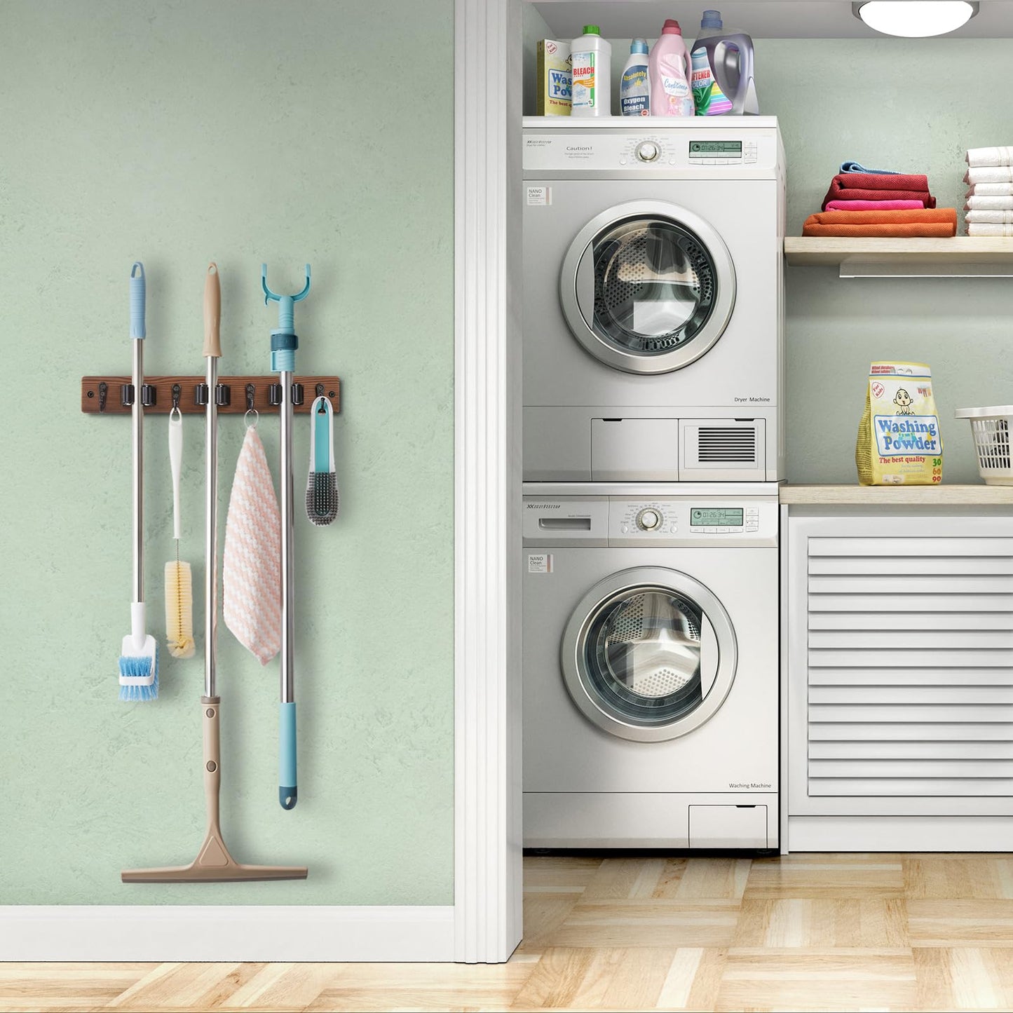 OUTNILI Mop Broom Holder Wall Mount with 3 Slots & 4 Hooks - Wood Broom Mop Hanger for Pantry Kitchen Organization - Garden Tool Organizer for Closet Laundry Room - for Rustic Farmhouse Kitchen Decor