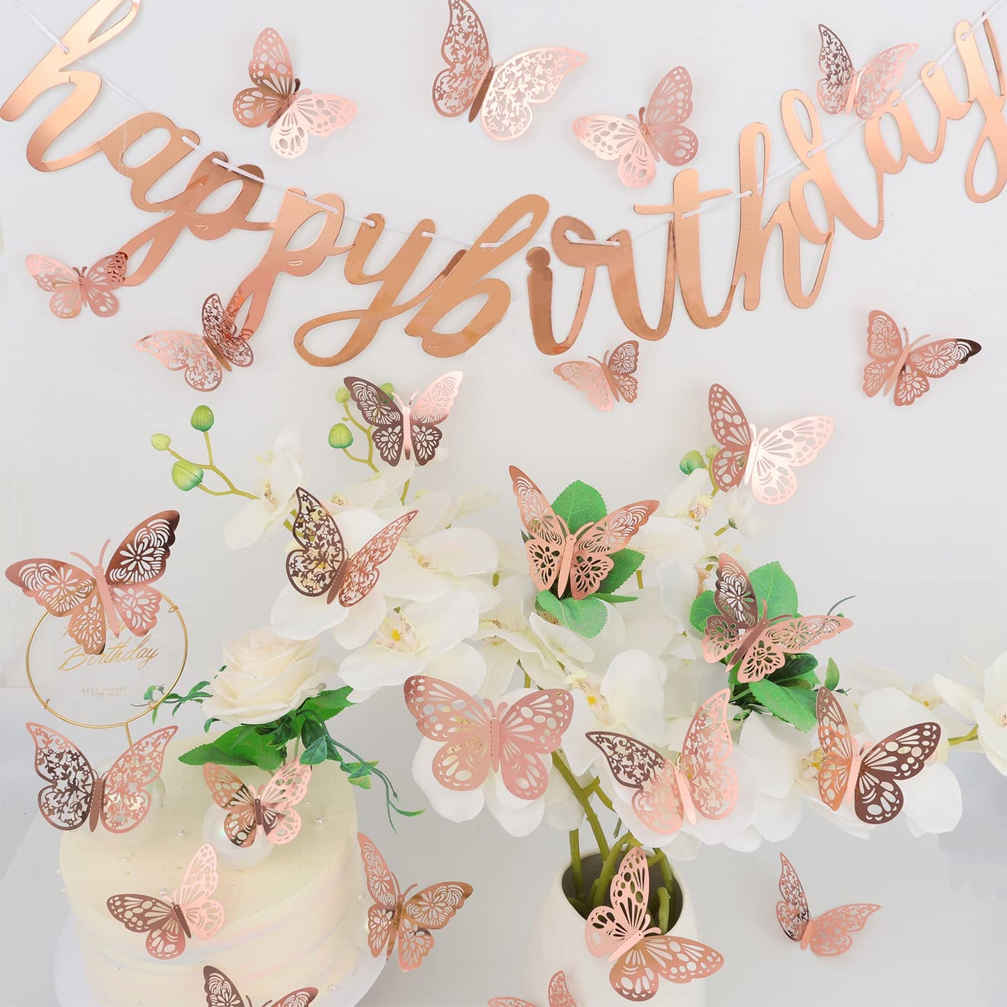 Nelotaor 36 Pcs Butterfly Wall Decor, 3 Styles 3 Sizes 3D Rose Gold Butterfly, Wedding & Birthday Party Decorations, Girls Bedroom Decoration