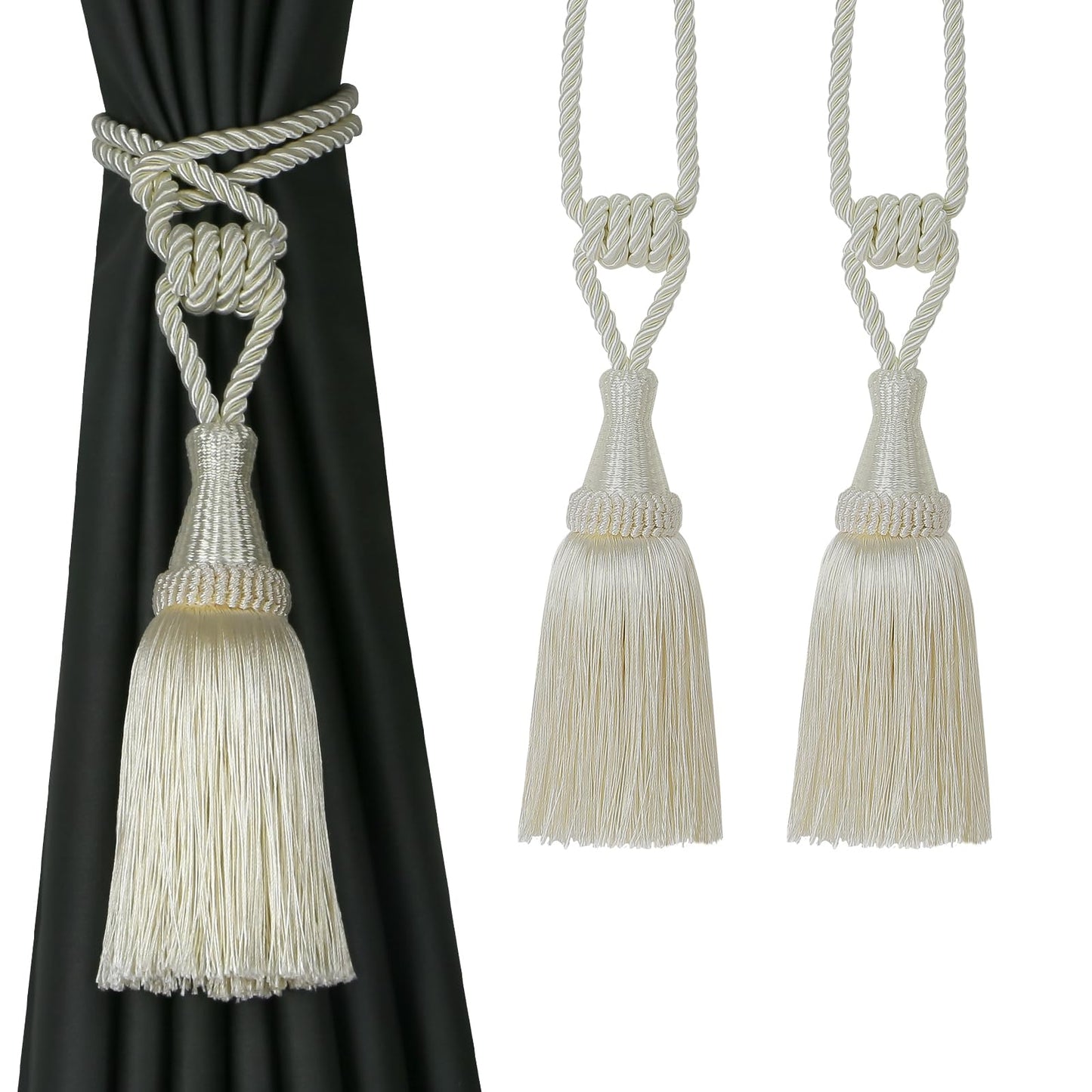 BEL AVENIR Curtain Tiebacks Handmade Holdbacks for Curtains Drape Decorative Tie Backs with Tassels(Cream, 2 Pack)