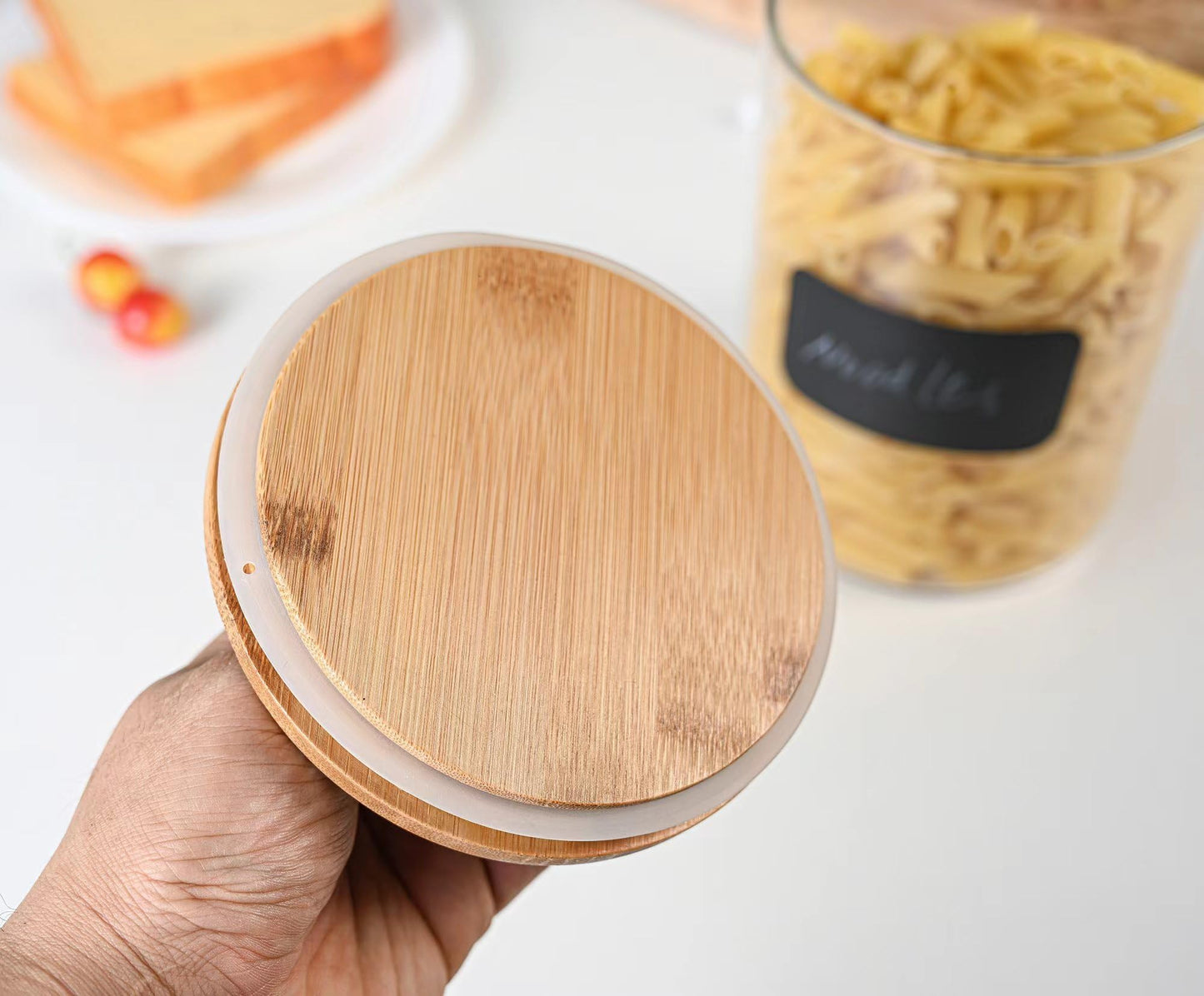 Le'raze 1 Gallon Glass Canister Set for Kitchen Counter with Airtight Bamboo Lids + Marker & Labels - of 2 Large Cookie Jars Wooden Lid, Food Storage Containers Pantry, Flour, Sugar, Pasta, Candy,