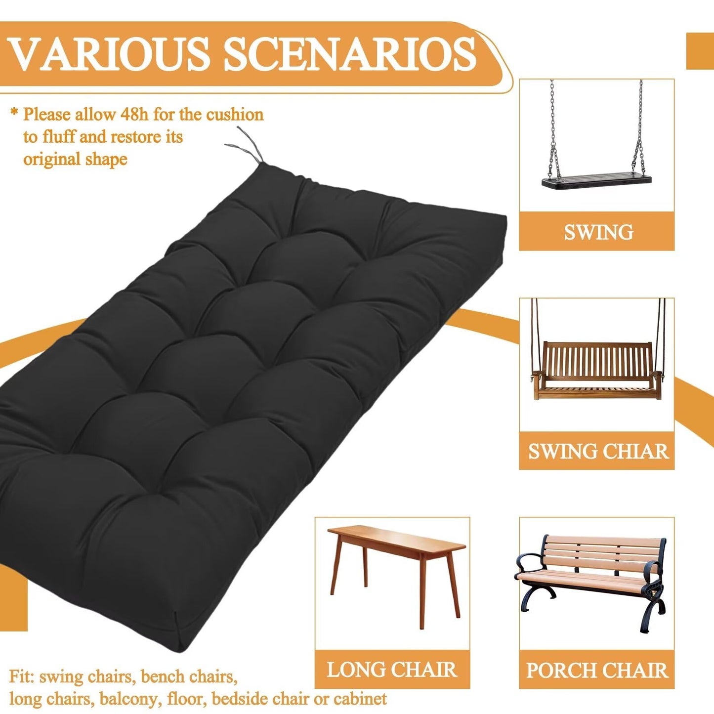 MTMR Outdoor Bench Cushion-44X19 Water-Repellent Tufted Porch Swing Cushions with High Elasticity PP Cotton and Ties Fade-Resistant Patio Outdoor Chair Cushion for Bench Furniture, Indoor Seat Cushion