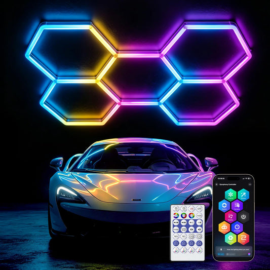 GOSLARLIT Hexagon Garage Lights: 5 Hex RGB Hexagon LED Lights with Music Sync Mode, App & Remote Control, Multi-Color Honeycomb Ceiling Light for Gaming Room, Gym, Garage