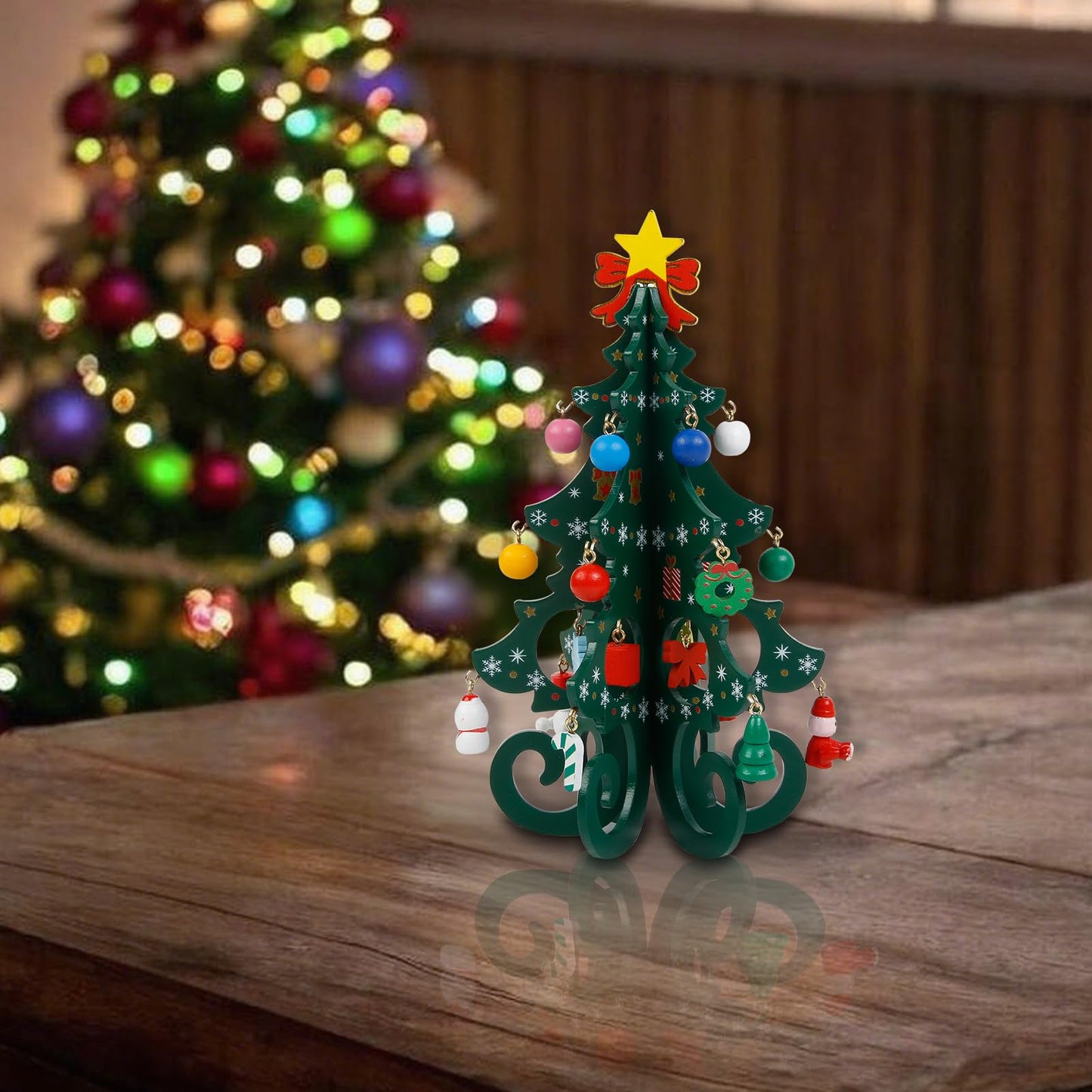 TEBIEKOY DIY Mini Wooden Christmas Tree with Ornaments Set, Cute 7 Inch Small Xmas Tree Kit with 24 Hanging Decorations New Year Parties Supplies, Easy Installing Holiday Craft Gift for Families