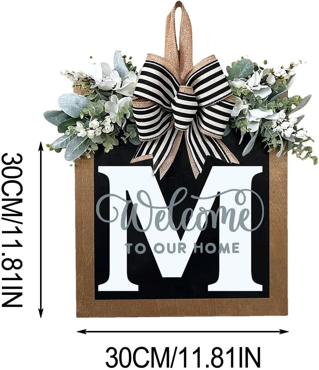 Last Name All Year Round Front Door Wreath with 26 Initial Letter Welcome Sign All Seasons Eucalyptus Garland and Bow ，Farmhouse, Porch, for Spring Summer Fall All Seasons Holiday Halloween Christmas. (M)
