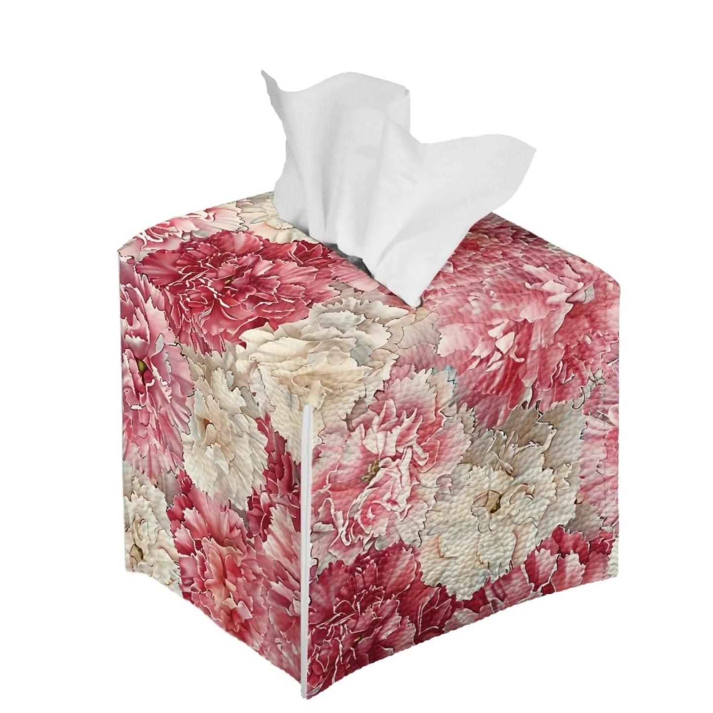 Baxinh Peony Print Tissue Box Cover - Home Decor Cube Tissue Box Holder - Pink, PU Leather with Bottom Belt