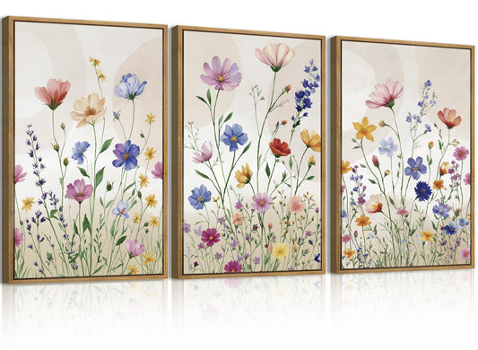 Aurlan Large Colorful Daisy Wildflower Framed Canvas Wall Art Set,Watercolor Botanical Floral Green Leaf Wall Decor,Bright Spring Flower Artwork for Living Room,Bedroom,Farmhouse -16"x24"x3