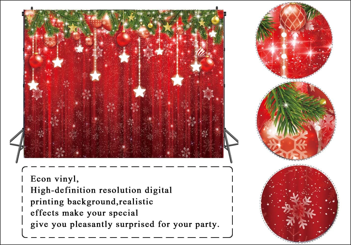 LTLYH 7x5ft Christmas Photography Backdrop Red Glitter Snowflake Star Hanging Ornaments Holiday Photo Background Xmas Party Decorations Holiday Photo Background 113