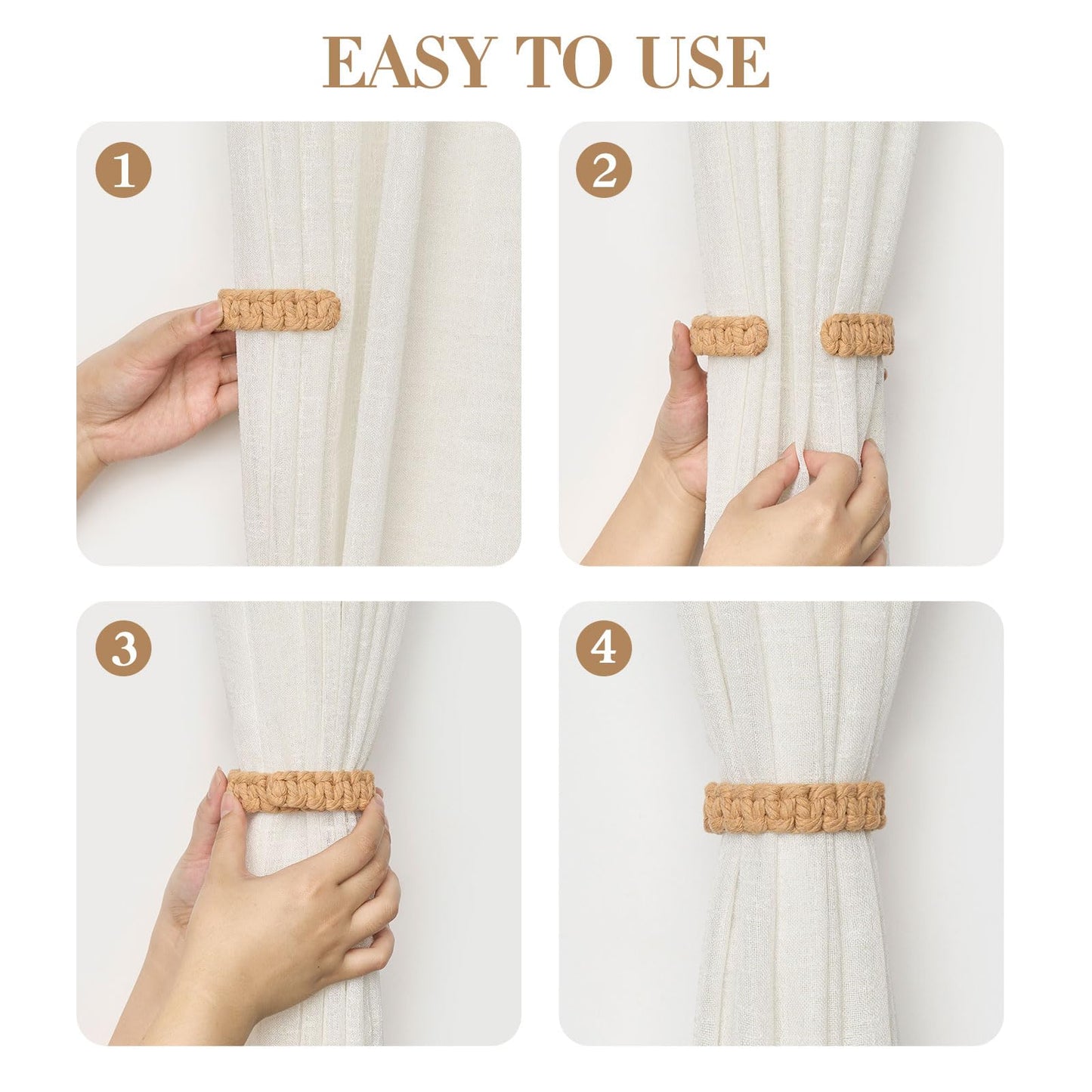 NICEEC 2 Pack Natural Cotton Rope Curtain Tiebacks Farmhouse Rustic Style Decorative Drape Tie Backs Handmade Braided Curtain Holdbacks for Home & Office Sheer/Light Weight Drapery (C-Beige-S)