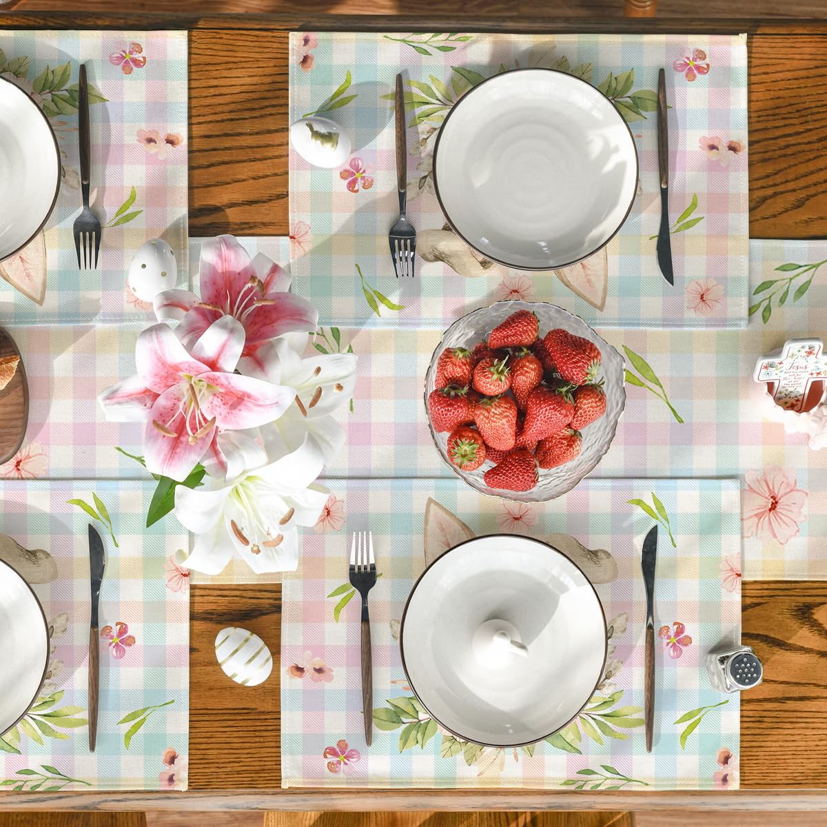 Artoid Mode Colourful Buffalo Plaid Bunny Ears Flower Easter Placemats Set of 4, 12x18 Inch Seasonal Holiday Table Mats for Party Kitchen Dining Decoration