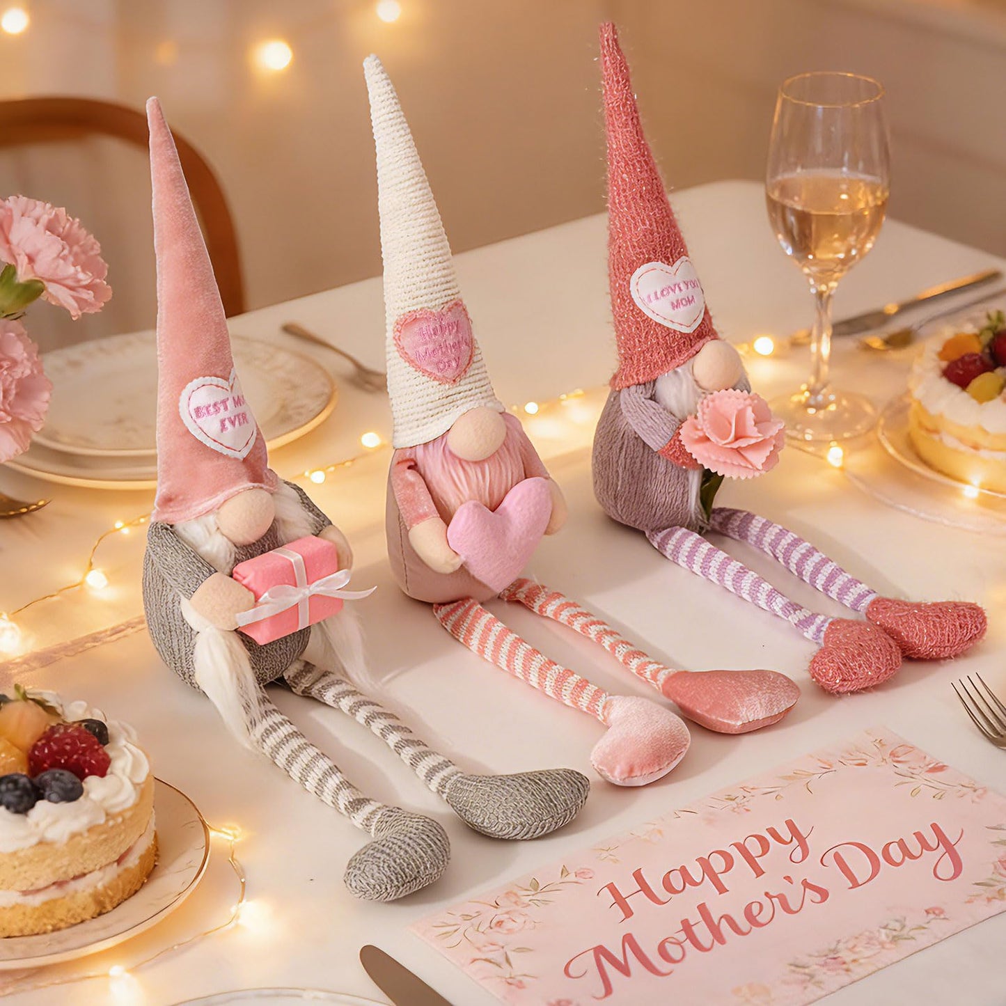 unanscre Mothers Day Gnomes Plush Decorations - 3PCS Long Dangle Leg Spring Gnomes Best Ever Gifts for Women Mom Mama Mommy, Handmade Dolls for Mother‘s Day Home Table Ornament, Tiered Tray Decor