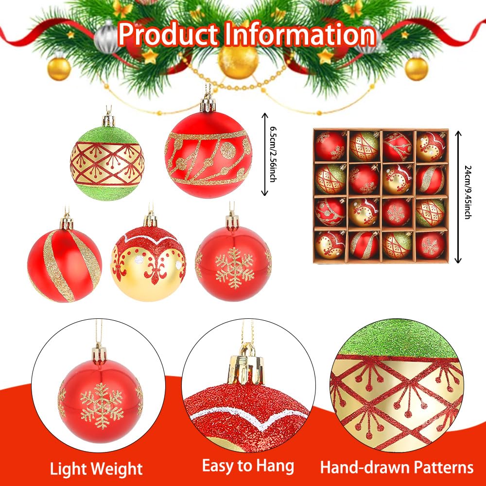 CAVETEE Christmas Ornaments,Glittering Shatterproof Traditional Country Hanging Decor for Xmas Holiday Party Christmas Tree Ornaments Party Decorations (16, Red&Green&Gold)