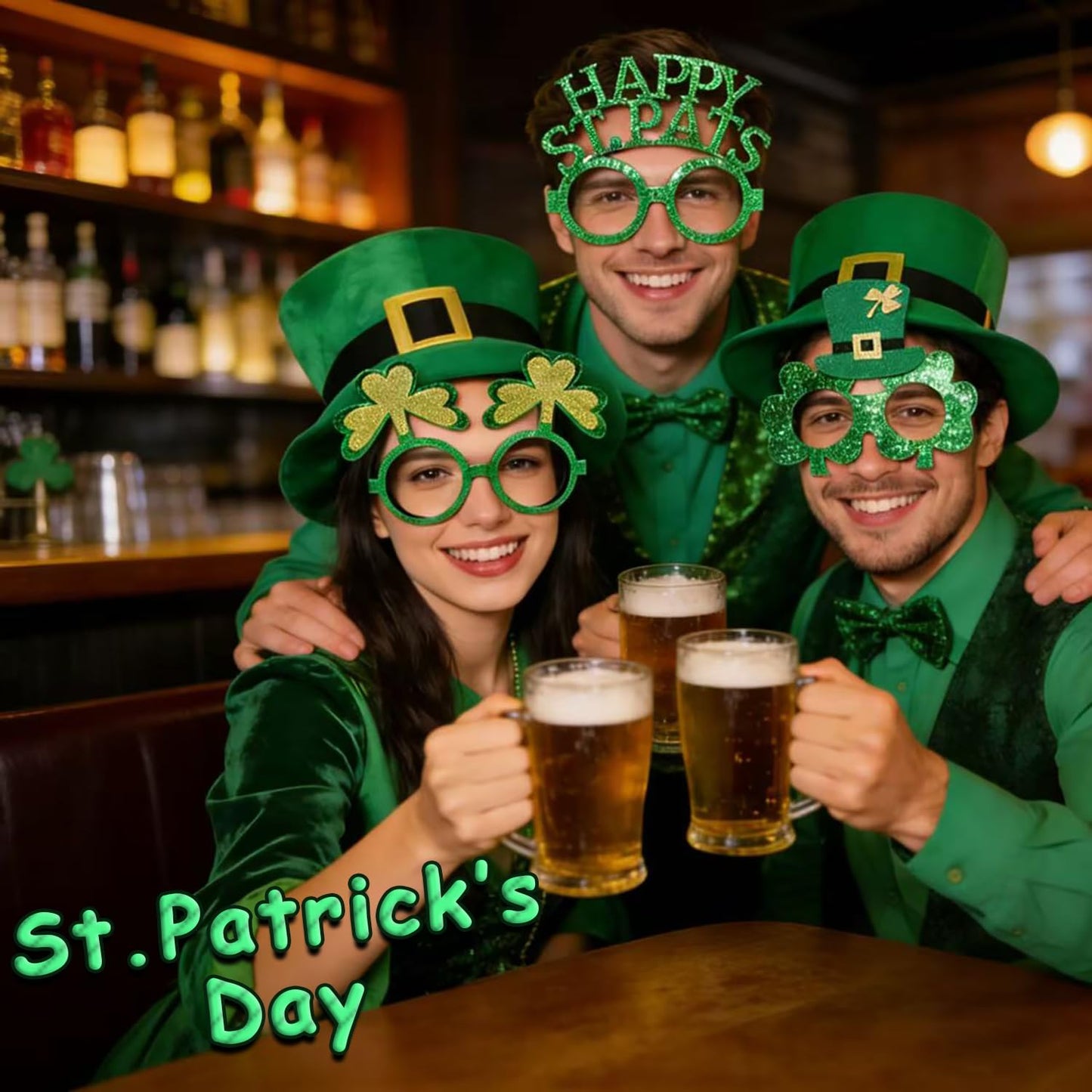 QEYRIYI St Patrick’s Glasses Frames St.Patrick’s Day Decoration Accessories Supplies 6 Pcs Green Glitter Hat Glasses Holiday Ornaments Party Photo booth Props