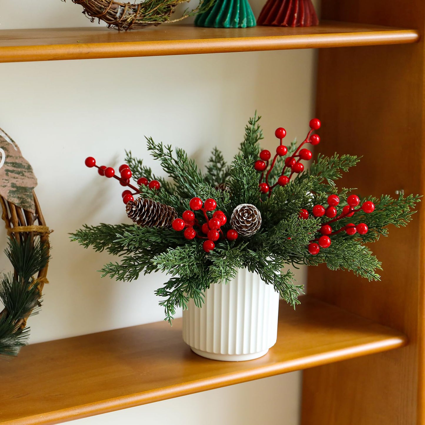 HOMCDALY Christmas Artificial Pine Branches with Red Berry and Pinecone for Tabletop Christmas Decorations, Fake Plants with Ceramic Pot, Small Chritstmas Tree for Home Décor, Christmas Decor Indoor